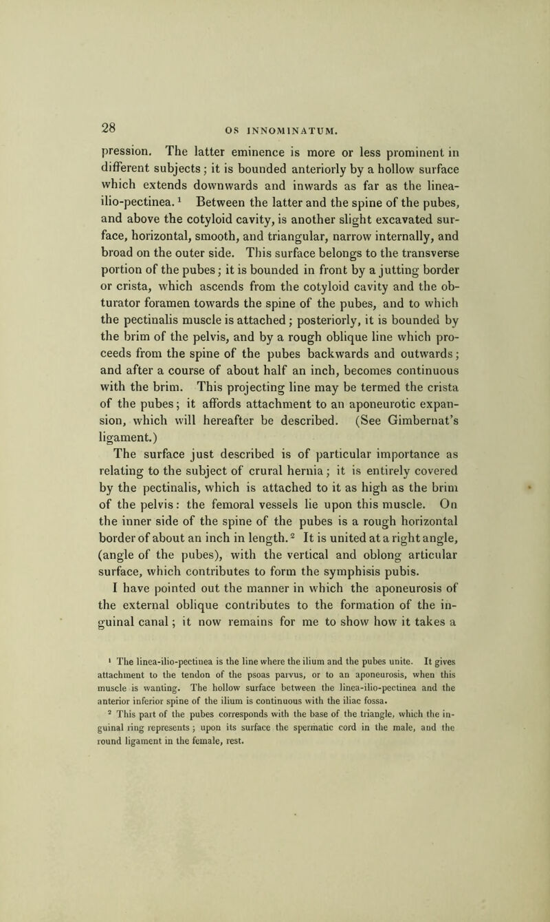 os INNOMINATUM. pression. The latter eminence is more or less prominent in different subjects ; it is bounded anteriorly by a hollow surface which extends downwards and inwards as far as the linea- ilio-pectinea. ^ Between the latter and the spine of the pubes, and above the cotyloid cavity, is another slight excavated sur- face, horizontal, smooth, and triangular, narrow internally, and broad on the outer side. This surface belongs to the transverse portion of the pubes; it is bounded in front by a jutting border or crista, which ascends from the cotyloid cavity and the ob- turator foramen towards the spine of the pubes, and to which the pectinalis muscle is attached ; posteriorly, it is bounded by the brim of the pelvis, and by a rough oblique line which pro- ceeds from the spine of the pubes backwards and outwards ; and after a course of about half an inch, becomes continuous with the brim. This projecting line may be termed the crista of the pubes ; it affords attachment to an aponeurotic expan- sion, which will hereafter be described. (See Gimbernat’s ligament.) The surface just described is of particular importance as relating to the subject of crural hernia ; it is entirely covered by the pectinalis, which is attached to it as high as the brim of the pelvis: the femoral vessels lie upon this muscle. On the inner side of the spine of the pubes is a rough horizontal border of about an inch in length. ^ It is united at a right angle, (angle of the pubes), with the vertical and oblong articular surface, which contributes to form the symphisis pubis. I have pointed out the manner in which the aponeurosis of the external oblique contributes to the formation of the in- guinal canal ; it now remains for me to show how it takes a • The linea-ilio-pectinea is the line where the ilium and the pubes unite. It gives attachment to the tendon of the psoas parvus, or to an aponeurosis, when this muscle is wanting. The hollow surface between the linea-ilio-pectinea and the anterior inferior spine of the ilium is continuous with the iliac fossa. ^ This part of the pubes corresponds with the base of the triangle, which the in- guinal ring represents ; upon its surface the spermatic cord in the male, and the round ligament in the female, rest.