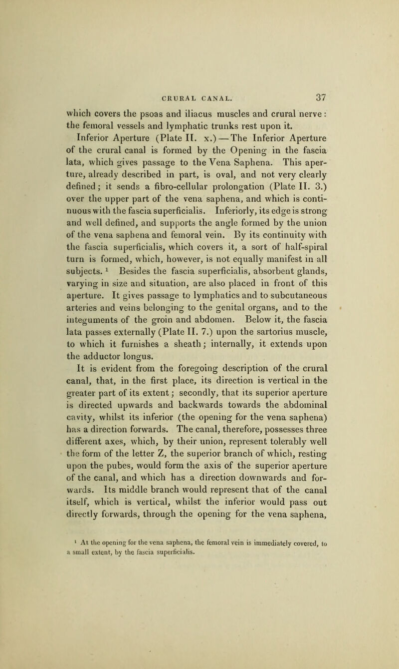 which covers the psoas and iliacus muscles and crural nerve : the femoral vessels and lymphatic trunks rest upon it. Inferior Aperture (Plate II. x.) — The Inferior Aperture of the crural canal is formed by the Opening in the fascia lata, which gives passage to the Vena Saphena. This aper- ture, already described in part, is oval, and not very clearly defined ; it sends a fibro-cellular prolongation (Plate II. 3.) over the upper part of the vena saphena, and which is conti- nuous with the fascia superficialis. Inferiorly, its edge is strong and well defined, and supports the angle formed by the union of the vena saphena and femoral vein. By its continuity with the fascia superficialis, which covers it, a sort of half-spiral turn is formed, which, however, is not equally manifest in all subjects. ^ Besides the fascia superficialis, absorbent glands, varying in size and situation, are also placed in front of this aperture. It gives passage to lymphatics and to subcutaneous arteries and veins belonging to the genital organs, and to the integuments of the groin and abdomen. Below it, the fascia lata passes externally (Plate II. 7.) upon the sartorius muscle, to which it furnishes a sheath ; internally, it extends upon the adductor longus. It is evident from the foregoing description of the crural canal, that, in the first place, its direction is vertical in the greater part of its extent ; secondly, that its superior aperture is directed upwards and backwards towards the abdominal cavity, whilst its inferior (the opening for the vena saphena) has a direction forwards. The canal, therefore, possesses three different axes, which, by their union, represent tolerably well the form of the letter Z, the superior branch of which, resting upon the pubes, would form the axis of the superior aperture of the canal, and which has a direction downwards and for- wards. Its middle branch would represent that of the canal itself, which is vertical, whilst the inferior would pass out directly forwards, through the opening for the vena saphena. ' At the opening for the vena saphena, the femoral vein is immediately covered, to a small extent, by the fascia superficialis.