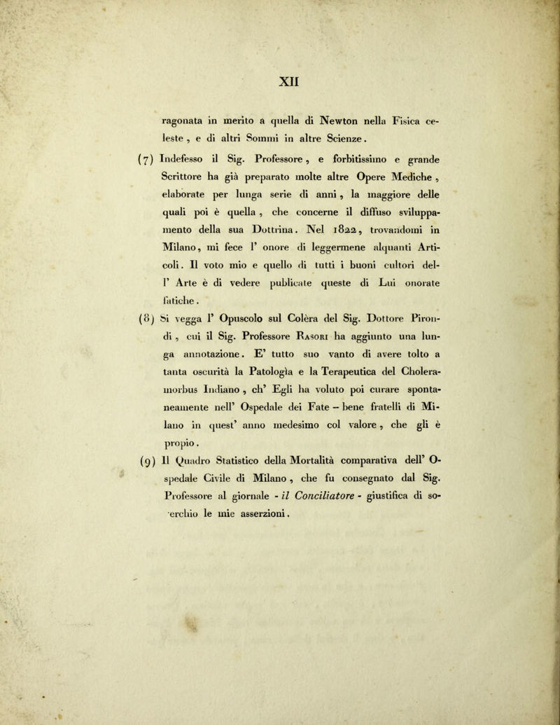 ragonata in merito a quella di Newton nella Fisica ce- leste , e di altri Sommi in altre Scienze. (7) Indefesso il Sig. Professore, e forbitissimo e grande Scrittore ha già preparato molte altre Opere Mediche , elaborate per lunga serie di anni , la maggiore delle quali poi è quella , che concerne il diffuso sviluppa- mene della sua Dottrina. Nel 1822, trovandomi in Milano, mi fece 1’ onore di leggermene alquanti Arti- coli . Il voto mio e quello di tutti i buoni cultori del- 1’ Arte è di vedere publicate queste di Lui onorate fatiche. (8) Si vegga T Opuscolo sul Colèra del Sig. Dottore Piron- di , cui il Sig. Professore Rasori ha aggiunto una lun- ga annotazione. E’ tutto suo vanto di avere tolto a tanta oscurità la Patologìa e la Terapeutica del Cholera- ìnorbus Indiano , eh’ Egli ha voluto poi curare sponta- neamente nell’ Ospedale dei Fate -- bene fratelli di Mi- lano in quest’ anno medesimo col valore , che gli è propio. (9) « ^ uadro Statistico della Mortalità comparativa dell’ O- spedale Civile di Milano , che fu consegnato dal Sig. Professore al giornale - il Conciliatore - giustifica di so- erchio le mie asserzioni.