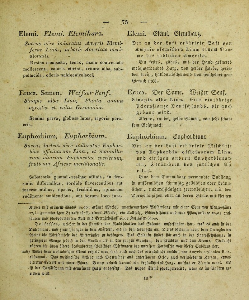 Elemi. Elemi. Elemiharz. Succus a’ere induratus Amyris Elemi- ferae Linn., arboris Americae men- dionalis, ■ Resina coxnpacta, tenax, manu contrectata mollescens, coloris citrini, tritura alba, sub- pellucida, odoris Subfoeniculacei. Eruca. Semen*. JVeiJ'ser Senf. Sinapis alba: Linn. Planta annua asyestis et culta Germaniae. Semina parva , globose lutea,. saporis pera- ciis. Elemi. (Hemt. Grlemtfyctq. 2)er a it ber Sit ft erfydrtetc ©aft you Amyris elemifera Linn, etncnt 25(111*= me beg fitbHcfycit -21nt e r t fa.. ©in fetlcg, scifjeg, mit ber £anb gcfneteg tyetcfymerbenbeg Jpar$, you getbcr gdrbe, gerie* ben tt>et$A l)ftt6burd)fd)ciuenb you feud)elartigem ©CVltdj 126).- Eruca. SDer 0cime. SSetgcr 0enjv Sinapis alba’ Linn. ©tUC etnjgfyrtge 21 cferpfdanje Seutfdpajtbg, bic and) gebaut mtrb. Oleine, rtutbey gclbe-Samett;., you feljr fcfyav* fern ©efdpttacf. Euphorbium.. (flip l) orb tlMT. £>er cut bet* Sitft er!)«rtete £Wtld)faft yon Euphorbia officinarum Linn, it u b e t it t g e it a n b e r n © it p f) o r b t e it a r* ten, ©tra.ud)ent beg fiiblid>eit 2lf* rtf ag. ©tite bent ©umnril)ar$’ yeraaubte ©ubftanj, tit nttfdrmltdjen fcfjmugtg gclbltdjeit obcr brautt* lichen, uitburdiftd)ttgeit gerrretbltdjeu, mtt ben 2)orueuanfd|en obey an bereit ©telle mtt fleiiteu ^Ueber mit grunem SESacbg 14,00; grfineg SSSuc&d r mprrljenrtrtigeg Sdlfdmljarj' mit einer ©put non Sengoefdure 27,4; gummiartigen ggtraftiofiojr, ettuud ©fdrfe, etn dtabfaij, ©duuefelfdtire unb etne ipflanjenfaure 20,0; orab fauren unb pbodpOorfauren ATalf mit gptraftioftoff 40,0; ^oljfafev 620,0. 55edfoffed, roclcber tit ber garailie ber 9}ad)tfd;atten bag ©olanin aufgefunbcn bat, traf eg and) in ber ©ulcantara, ttnb jiuar Oditftger tn ben Slattern, afd in ben ©tengein an. ©iefeg ©olanin nebft bent D3tcrogfycton fdjeint bte SBirffamfeit beg 93itferfujjcg ju bebingen. ©ag ©olanin fi'nb'et fid) aud) in ber 3\artojfeIpflaiije, in geringerer 9}?enge jebocb in ben ^nolleti alg in ben jungen ©proven, beit ftruebtett unb bent otrante. sBieHeicJjt tubren bte fdjon ofterd bcobacfjfeten fcbdblicbcn SBirEntigen ber unreifen 3tarto(feIn non biefer ©nbfiatt3 fjer. 126) 9Iu§er bent tueffiiibifcpen glenti crbiclt man fonfr aucb nod) bag orientoiifcbe rpe[d)eg non Amyris ceylanica Retz. abitamnit. ®ag wefltnbifcbe beftebt nadj 23ona(lre aug dtberifebent Ode, jtnet t>evfd)iebenen djarjett, etniag bittemcSrtraft unb einer ©dure. 93 a up erlyielt betrand etn FryffaUiftrteg d?arj, tuelcbeg er Slemin nennt. £g • iff ber Scrfdlfcbung mit gemeinem £arje tutggefe&t. ©ag tvabre SIcmi p&ogpboregcirt, tveun eg irn Sinftern ge* ttebett wirb. 10 * Euphorbium., Euphorbium. Succus lacteus acre itiduratus Euphor- biae officinarum Linn , et nonnulla- rum aliarum Euphorbiae specierum, fruticum Africae meridionalis. Substantia gummi - resinae affinis , in fru- stubs difformibus, sordide flavescentibus aut fuscescentibus, opacis, friabilibus, spinarum rudiinenta ambientibus, aut borum loco fora- /