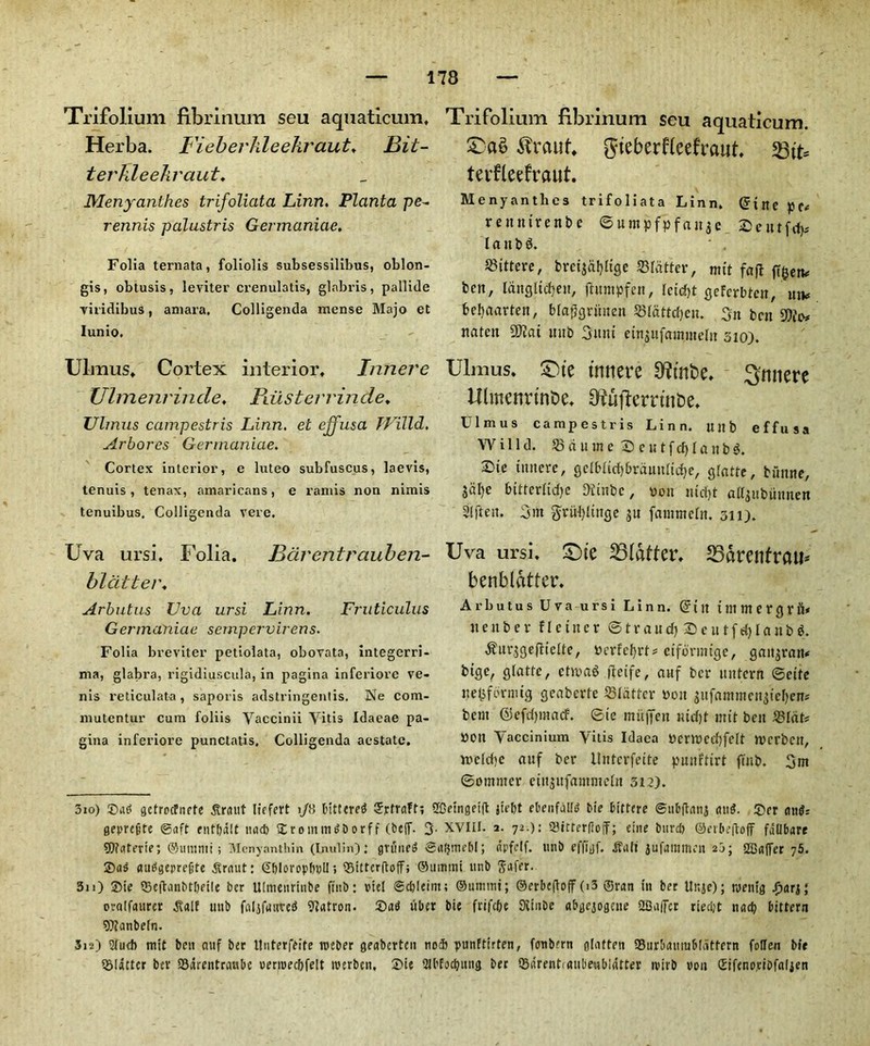 Trifolium fibrinum seu aquaticum, Herba. Fieberkleekraut, Bit- ter hie ehraut, Menyanthes trifoliata Linn. Planta pe- rennis palustris Germaniae. Folia ternata, foliolis subsessilibus, oblon- gis, obtusis, leviter crenulatis, glabris, pallide viridibus, amara. Colligenda mense Majo et Iunio, Ulmus. Cortex interior, Innere Ulmenrinde. Biisterrinde. Ulmus campestris Linn, et effusa Willd. Arbores Germaniae. Cortex interior, e luteo subfuscus, laevis, tenuis , tenax, amaricans, e raniis non nimis tenuibus. Colligenda vere. Uva ursi, Folia. Barentrauben- bldttei\ Arbutus Uva ursi Linn. Fruticulus Germaniae sernpervirens. Folia breviter petiolata, obovata, integerri- ma, glabra, rigidiuscula, in pagina inferiore ve- nis reticulata, saporis adstringentis. Ne com- mutentur cum foliis Yaccinii Yitis Idaeae pa- gina inferiore punctatis. Colligenda aestatc. Trifolium fibrinum seu aquaticum. ^vauf. gieberfieefraut, 23ft* terfleefraut. Menyantlies trifoliata Linn. @tne pe* reitntrenbc ©wmpfpfanjc £eutf<fc lanb$. S3itteve, brctjdljltge flatter, mtt fafl ff^erw belt, Idngltcfjen, jhtmpfcn, letdjt geFcrbtcn, uj* bcfyaarten, bla^ritnen Sldttdjen. 3n ben tiatcu 50iat nnb 3mu etttjufammeln sio). Ulmus. £n'e innere 9?tnt>e, ^nnere Ulmenvtnbe. O^uflcrrtnbe. Ulmus campestris Linn, u It b effusa Willd. S3 a u m e 2) e u t f cfy I a it b ©te iitncre, geI6itcf)brdmilid}e, cjlatte, biinne, jdl)e bitterftdje 3itnbc, von ntdjt allaubitunen Slften. 3m ^rufytnge $u fammeln. 311). Uva ursi. £>ie flatter. 25arenfrau* benblatter. Arbutus Uva ursi Linn. Gnu {lltmergriV tteubev flctttcr ©traudj®eutf«f}lanb«. ^urjgejKeUe, vcrfcfyrt* ctformtge, gan$ran* bige, glatte, chva§ fteife, awf ber utttern ©cite nefcfornug geabcrfc flatter von $ufammcn$icf)en* bem ©efdpnacf. ©ie mitffen ntdjt mtt ben 23idt* von Yaccinium Vitis Idaca VertVCd)feft Wcrbeit, tvcld)c auf ber Untcrfette punftirt ffitb. 3m ©ommcr etitjnfammeln 312). 3io) ©at? gctrecfnete dtraut Iiefert 1/8 tittered ©rtrnftt SfOemgetjt jh'fit ebenfjlld bie bittere (Subftnns auS. ©er <tttd= geprcjjfe ©aft enf&dlt uad) ©rotnm$D orff (beff. 3- XVIII. 2. 72.): 93ittcrfIof; eirte bnrd> ©evbeftoff fallbare 9)?atevte; ©uturni; Mcnyanthin (Inulin): griiueS ©afjmebl; dpfelf. uni) effigf. Unit jufammeu 2j; SIBaffer 75. ©as (tutfgeprejjte dtraut: €f)loropl)vll; ©ittcrftoff; ®itmmt uni) Safer. 3n) Sie 95eftanbtl)eile ber Ulmenrittbe ftiib: vie! ©djleim; Ounrnit; ©erbefloff(i3 ©van in ber Unjc); roeutg fpari; oralfaurer dtalf unb faljfaure^ Matron, ©atf uber bie frifc&e 9iiube gbgejogcue 22a|fer riedjt nad) bittern 97tanbeln. 3i2) 5lud) mtt ben auf ber tlnterfeite roeber geaberteu no<3) punftirten, foubern glatten ®urbauiu6[dttern foUen bie flatter ber S3iirentraubc oerroecftfelt iverben, ©ie 2Jbfod)ung ber Q3drent<«ubeubiatter rvtrb non (Sifcnoriofaljen