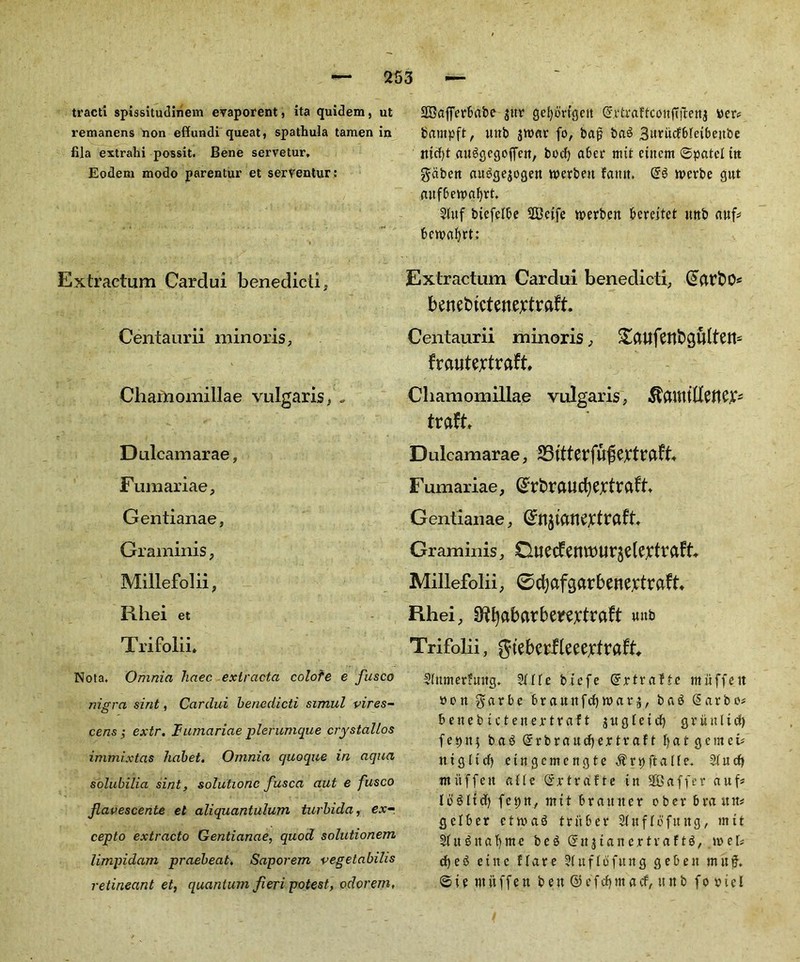 tract! spissitudinem evaporent, ita quidem, ut remanens non effundi queat, spathula tamen in fila extrahi possit. Bene servetur. Eodem modo parentur et seryentur: Extraetum Cardui benedict!, Centaurii minoris, Chafnomillae vulgaris, - Dulcamarae, Fumariae, Gentianae, Graminis, Millefolii, Rhei et Trifolii. Nota. Omnia haec extracta colofe e fusco nigra sint, Cardui benedicti simul vires- cens; extr. Fumariae plerumque ciystallos immixtas habet. Omnia quoque in aqua solubilia sint, solutionc fusca aut e fusco flavescente et aliquantulum turbida, ex-, cepto extracto Gentianae, quod solutionem limpidam praebeat. Saporem vegetabilis retineant et, quantum fieri potest, odorern, STBafferbabe $itr gefyorfgett Grrtraftconftjtenj Per? bampft, mib jttmr fo, bap bag 3wrudf6Ietbenbe mrf)t auggegojfen, bod) aber mit eiitcm ©pate! in gdbett augge$ogen n>erbett fatttt. wcrbe gut aitfbetpafyrt. 9(uf biefelbe SBeife tperben bereitet unb aufc bcwafjrt: Extraetum Cardui benedicti, (£avt>0* benebtetenetfraft Centaurii minoris, £aufettbgu(tett- frcuitejctraft. Chamomillae vulgaris, traft Dulcamarae, 23itterfu^extrafb Fumariae, @rbraucf)extraft Gentianae, (SngUHKXtf aft* Graminis, Ouecf emtmraelejcfraft Millefolii, 0cbafgarbenejctraft* Rhei, 9ftyabarberextraft uttb Trifolii, gteberf leeetfraft* Slitmerfuttg. 9Jf!!e biefe GrrtraftC muffeit »on $arbe braunfd)tt>arj, bag Sarbo* beneb ictenertraft jugletrf) griiitlid) fepn$ bag Srbraudjertvaft fyat gerneu ntgltcb eingemengte $ r p ft a l! e. 9!ucf) ntuffeu a!!e Grrtrcifte in SBaffer auf* log ltd) fcpn, mit brauiter obev bra itn* gelber ettoag triiber 9lttf Ibftt ng, mit 91 it g it a 1) m e beg Grit $ t a n e x t r a f t g,. h> e I# d)eg eiitc flare 9!ufldfung geben mit%. Sie ntuffeu ben ©efdjm a cf, unb fo pie I