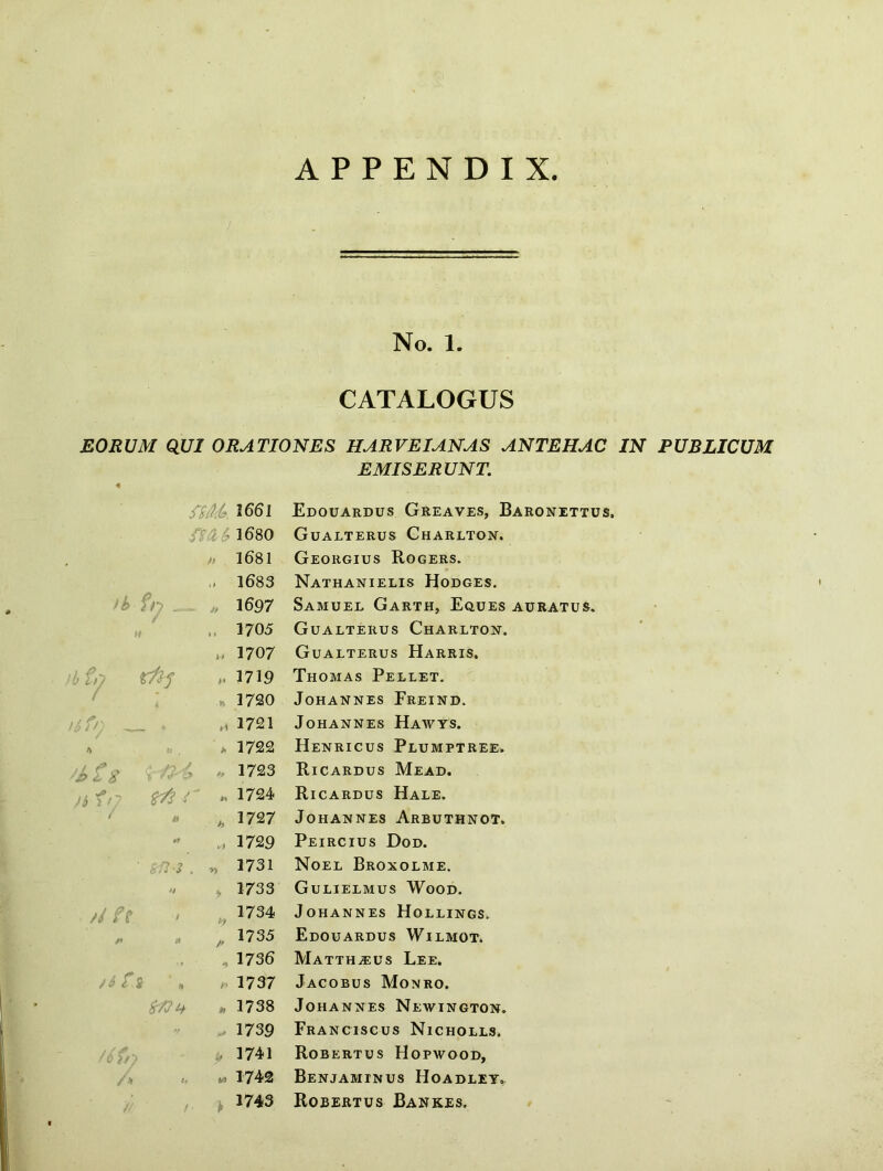 APPENDIX No. 1. CATALOGUS EORUM QUI ORATIONES HAR VEI ANAS ANTEHAC IN PUBLICUM EMISERUNT. fSM. 2661 Edouardus Greaves, Baronettus, 1680 Gualterus Charlton. 1681 Georgius Rogers. .* 1683 Nathanielis Hodges. fb fn _ „ 1697 Samuel Garth, Eques auratus. i 1705 Gualterus Charlton. « 1707 Gualterus Harris. l>fy h 1719 Thomas Pellet. ,, 1720 JOHANNES FrEIND. 1721 Johannes Hawys. * 1722 Henricus Plumptree. ■JJ> i $ 1723 Ricardus Mead. Ji ft/ i M 1724 Ricardus Hale. b * 1727 Johannes Arbuthnot. V* „ 1729 Peircius Dod. ' Sil-S » 2731 Noel Broxolme. 1733 Gulielmus Wood. /i ft l 1734 Johannes Hollings. /* * ; 1735 Edouardus Wilmot. 1736 Matth^us Lee. Stf.S * * /. 1737 Jacobus Monro. * 1738 Johannes Newington. V 1739 Franciscus Nicholls. * 0 }/J 1741 Robertus Hopwood, / * It » 1742 Benjaminus Hoadley. / 1743 Robertus Bankes.