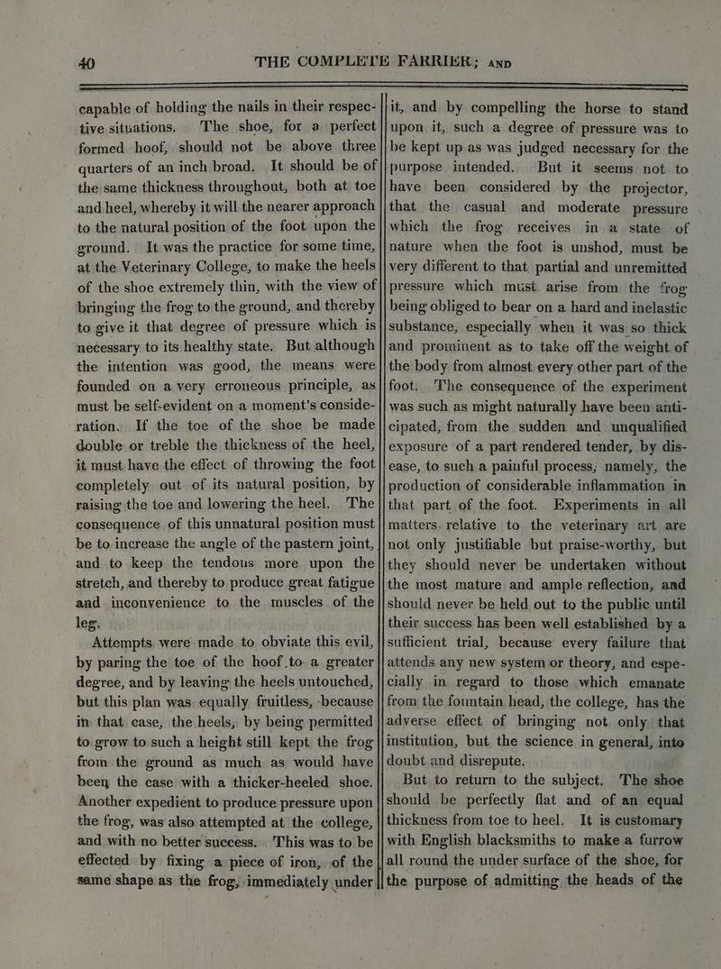 capable of holding the nails in their respec- tive situations, The shoe, for a perfect formed hoof, should not be above three quarters of an inch broad. It should be of the same thickness throughout, both at toe and heel, whereby it will the nearer approach to the natural position of the foot upon the ground. It was the practice for some time, at the Veterinary College, to make the heels of the shoe extremely thin, with the view of bringing the frog to the ground, and thereby to give it that degree of pressure which is necessary to its healthy state. But although the intention was good, the means were founded on a very erroneous principle, as must be self-evident on a moment’s conside- ration. If the toe of the shoe be made double or treble the thickness of the heel, it must have the effect of throwing the foot completely out. of its natural position, by raising the toe and lowering the heel. The consequence of this unnatural position must be to increase the angle of the pastern joint, and to keep the tendous more upon the stretch, and thereby to produce great fatigue and: inconvenience to the muscles of the leg. Attempts were made to obviate this evil, by paring the toe of the hoof .to a greater degree, and by leaving the heels untouched, but this plan was, equally fruitless, -because in that case, the heels, by being permitted to grow to such a height still kept the frog from the ground as much as would have been the case with a thicker-heeled shoe. Another expedient to produce pressure upon the frog, was also attempted at the college, and with no better success. effected by fixing a piece of iron, of the same shape as the frog, immediately under it, and by compelling the horse to stand upon it, such a degree of pressure was to be kept up as was judged necessary for the purpose intended. But it seems not. to have been considered by the projector, that the casual and moderate pressure which the frog receives in a state of nature when the foot is unshod, must be very different to that partial and unremitted pressure which must. arise from the frog being obliged to bear on a hard and inelastic substance, especially when it was so thick and prominent as to take off the weight of the body from almost every other part of the foot.. The consequence of the experiment was such as might naturally have been anti- cipated, from the sudden and unqualified exposure of a part rendered tender, by dis- ease, to such a painful process; namely, the production of considerable inflammation in that part of the foot. Experiments in all matters. relative to the veterinary art are not only justifiable but praise-worthy, but they should never be undertaken without the most mature and ample reflection, and should never be held out to the public until their success has been well established by a sufficient trial, because every failure that attends any new system or theory, and espe- cially in regard to those which emanate from the fountain head, the college, has the adverse effect of bringing not. only that institution, but the science in general, into doubt and disrepute. But to return to the subject. The shoe should be perfectly flat and of an equal | thickness from toe to heel. . It is customary with English blacksmiths to make a furrow all round the under surface of the shoe, for the purpose of admitting, the heads of the
