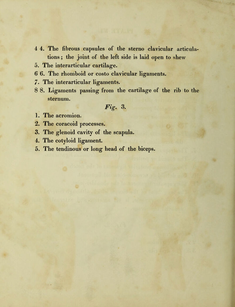 tions ; the joint of the left side is laid open to shew 5. The interarticular cartilage. 6 6. The rhomboid or costo clavicular ligaments. 7. The interarticular ligaments. 8 8. Ligaments passing from the cartilage of the rib to the sternum. Fig. 3. 1. The acromion, 2. The coracoid processes. 3. The glenoid cavity of the scapula. 4. The cotyloid ligament. 5. The tendinous or long head of the biceps.