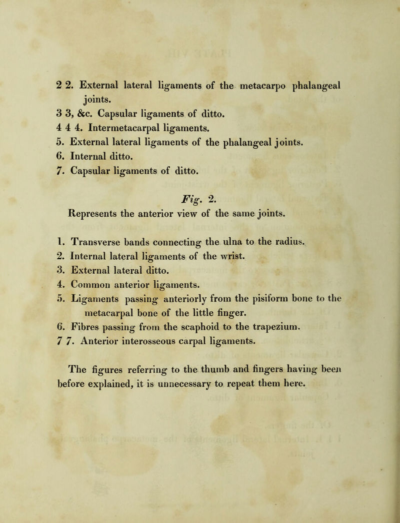 2 2. External lateral ligaments of the metacarpo phalangeal joints. 3 3, &c. Capsular ligaments of ditto. 4 4 4, Intermetacarpal ligaments. 5. External lateral ligaments of the phalangeal joints. 6. Internal ditto. 7. Capsular ligaments of ditto. Fig. 2. Represents the anterior view of the same joints. 1. Transverse bands connecting the ulna to the radius. 2. Internal lateral ligaments of the wrist. 3. External lateral ditto. 4. Common anterior ligaments. 5. Ligaments passing anteriorly from the pisiform bone to the metacarpal bone of the little finger. 6. Fibres passing from the scaphoid to the trapezium. 7 7. Anterior interosseous carpal ligaments. The figures referring to the thumb and fingers having beeji before explained, it is unnecessary to repeat them here.