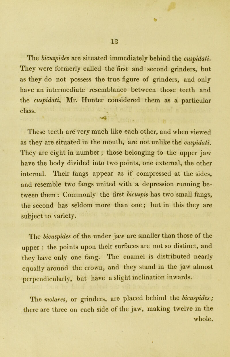 % The bicuspides are situated immediately behind the cuspidati. They were formerly called the first and second grinders, but as they do not possess the true figure of grinders, and only have an intermediate resemblance between those teeth and the cuspidati, Mr. Hunter considered them as a particular class. . , These teeth are very much like each other, and when viewed as they are situated in the mouth, are not unlike the cuspidati. They are eight in number; those belonging to the upper jaw have the body divided into two points, one external, the other internal. Their fangs appear as if compressed at the sides, and resemble two fangs united with a depression running be- tween them: Commonly the first bicuspis has two small fangs, the second has seldom more than one; but in this they are subject to variety. The bicuspides of the under jaw are smaller than those of the upper ; the points upon their surfaces are not so distinct, and they have only one fang. The enamel is distributed nearly equally around the crown, and they stand in the jaw almost perpendicularly, but have a slight inclination inwards. The molares, or grinders, are placed behind the bicuspides ; there are three on each side of the jaw, making twelve in the whole.