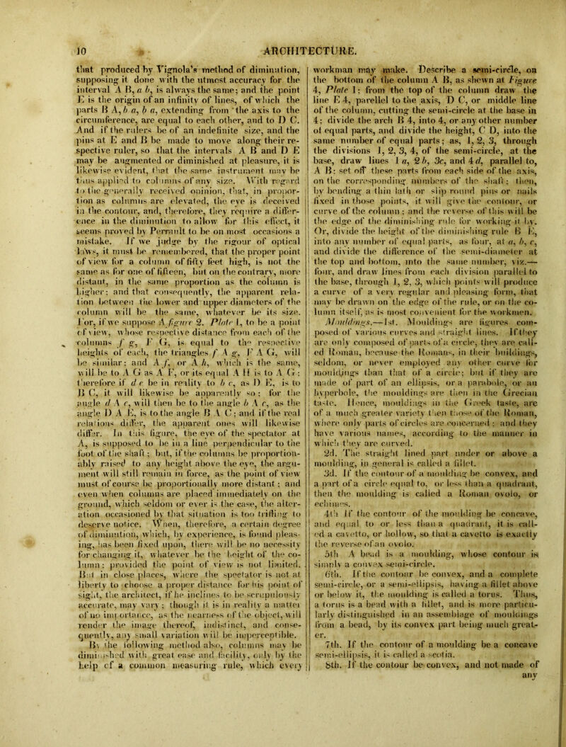 that produced by Vignola’s method of diminution, supposing- it done with the utmost accuracy for the interval A B, a b, is always the same; and the point E is the origin of an infinity of lines, of which the parts B A, b a, b a, extending from the axis to the circumference, are equal to each other, and to I) C. And if the rulers be of an indefinite size, and the pins at E and B be made to move along their re- spective ruler, so that the intervals A B and D E may be augmented or diminished at pleasure, it is likewise evident, that the same instrument may be thus applied to columns of any size. With regard to the generally received opinion, that, in proper- ! lion as columns are elevated, the eve is deceived in the contour, and, therefore, they require a differ- ence in the diminution to allow for tin's effect, it teems proved by Perrault to be on most occasions a mistake. If we judge by the rigour of optical liiVs, it must he remembered, that the proper point of view for a column of fifty feet high, is not the same as for one of fifteen, but on the contrary, more distant, in the same proportion as the column is higher; and that consequently, the apparent rela- tion between the lower and upper diameters of the column will be the same, whatever be its size, l or, if we suppose A figure 2. Plate J, to be a point of view, w hose respective distance from each of the •columns f g, 1 G, is equal to the respective heights of each, the triangles f A g, E A G, will be similar: and A f., or Ah, which is the same, will be to A G as A F, or its equal A If is to A G: therefore if d e be in reality to b c, as 1) E, is to B C, it will likewise be apparently so ; for the ;>u;>le d A e, will then be to the angle b A c, as the angle 1) A E, is to the angle B A C: and if the real relations didler, the apparent ones will likewise differ. In tins figure, the eye of the spectator at A, is supposed to be in a line perpendicular to the foot of the shaft ; but, if the columns be proportion- ally raised to any height above the eye, the argu- ment will still remain in force, as the point of view must of course be proportionally more distant ; and even when columns are placed immediately on the ground, which seldom or ever is the case, the alter- ation occasioned by that situation is too trifling to deserve notice. When, therefore, a certain degree of diminution, which, by experience, is found pleas- ing, has been fixed upon, there will be no necessity for changing it, whatever be the height of the co- lumn: provided the point of view is not limited. . Bat in close places, where the spectator is not at liberty to choose a proper distance for his point of sight, the architect, if he inclines to be scrupulously accurate, may vary; though it is in reality a mattei of no importance, as the nearness of the object, will render the image thereof, indistinct, and conse- quently, any small variation will be imperceptible. B\ the following method also, columns may be diminished with great ease and facility, only by the kelp cf a common measuring rule, which every workman may make. Describe a semi-circle, on the bottom of the column A B, as shewn at Figure 4, Plate 1; from the top of the column draw the line E 4, parellel to the axis, D C, or middle line of the column, cutting the semi-circle at the base in 4; divide the arch B 4, into 4, or any other number of equal parts, and divide the height, C D, into the same number of equal parts; as, 1,2,3, through the divisions 1, 2, 3, 4, of the semi-circle, at the base, draw lines 1 a, 2b, 3e, and 4 d, parallel to, A B: set off these parts from each side of the axis, on the corresponding numbers of the shaft; then, by bending a thin lath or slip round pins or nails fixed in those points, it will give the contour, or curve of the column ; and the reverse of this will be the edge of the diminishing rule for working it by. Or, divide the height of the diminishing rule B E, into any number of equal parts, as four, at a, b, e, and divide the difference of the semi-diameter at the top and bottom, into the same number, viz.— i four, and draw lines from each division parallel to ! the base, through 1, 2, 3, which points will produce ; a curve of a very regular and pleasing form, that ’ may be drawn on the edge of the rule, or on the co- lumn itself, as is most convenient for the workmen. AJmildings.— 1st. Mouldings are figures com- posed of various curves and straight lines. If they are only composed of parts of a circle, they are call- ed Homan, because the Homans, in their buildings, seldom, or never employed any other curve lor mouidjngs than that of a circle; but if they are made of part of an ellipsis, ora paraboie, or an hyperbole, the mouldings are then in the Grecian taste. Hence, mouldings in the Greek taste, are of a much greater variety then those of the Homan, where onlv parts of circles are concerned : and they have various names, according to the manner in which they are curved. 2d. The straight lined part under or above a moulding, in general is called a fillet. 3d. If the contour of a moulding be convex, and a part of a circle equal to, or less than a quadrant, then the moulding is calied a Homan ovoio, or eebimes. 4lh If the contour of the moulding be concave, and equal to or less than a quadrant, it is call- ed a cavetto, or hollow, so that a cavetto is exactly the reverse of an ovoio. 5th A bead is a moulding, whose contour is* simnLy a convex semi-circle. (ith. If the contour be convex, and a complete semi-circle, or a seini-eiiipsis, having a fillet above or below it, the moulding is called a torus. Thus, a torus is a bead with a fillet, and is more particu- larly distinguished in an assemblage of mouldings from a bead, by its convex part being much great- er. 7th. If the contour of a moulding be a concave semi-ellipsis, it is called a scotia. 8th. If the contour be convex, and not made of any