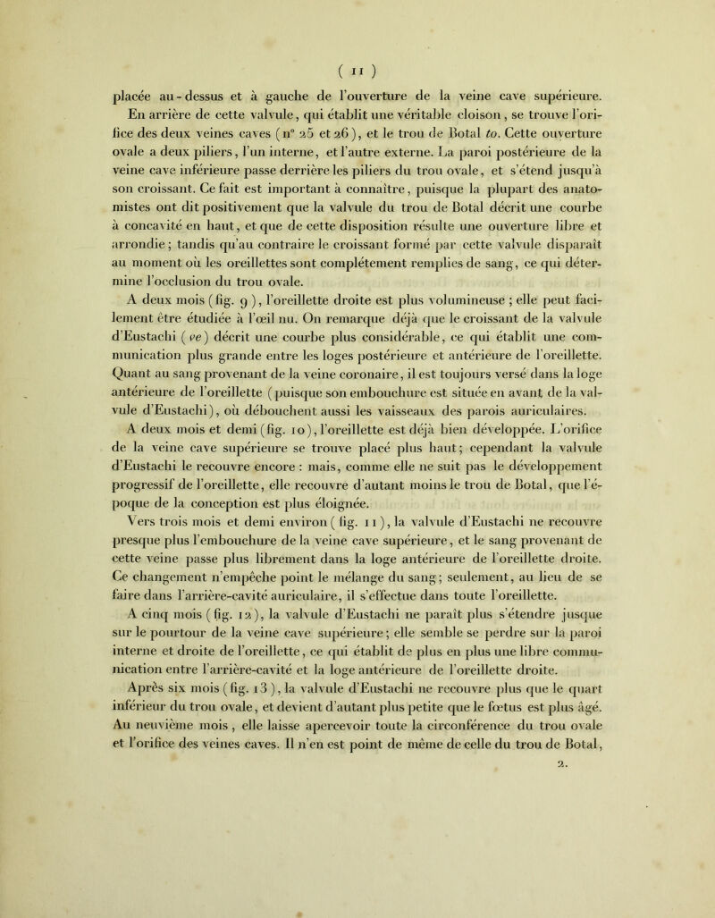 placée au - dessus et à gauche de l’ouverture de la veine cave supérieure. En arrière de cette valvule, qui établit une véritable cloison , se trouve l’ori- fice des deux veines caves (n° 25 et 26), et le trou de Botal to. Cette ouverture ovale a deux piliers, l’un interne, et l’autre externe. La paroi postérieure de la veine cave inférieure passe derrière les piliers du trou ovale, et s’étend jusqu’à son croissant. Ce fait est important à connaître, puisque la plupart des anato- mistes ont dit positivement que la valvule du trou de Botal décrit une courbe à concavité en haut, et que de cette disposition résulte une ouverture libre et arrondie ; tandis qu’au contraire le croissant formé par cette valvule disparaît au moment où les oreillettes sont complètement remplies de sang, ce qui déter- mine l’occlusion du trou ovale. A deux mois (fig. 9 ), l’oreillette droite est plus volumineuse ; elle peut faci- lement être étudiée à l’œil nu. On remarque déjà que le croissant de la valvule d’Eustachi ( ve ) décrit une courbe plus considérable, ce qui établit une com- munication plus grande entre les loges postérieure et antérieure de l’oreillette. Quant au sang provenant de la veine coronaire, il est toujours versé dans la loge antérieure de l’oreillette ( puisque son embouchure est située en avant de la val- vule d’Eustachi), où débouchent aussi les vaisseaux des parois auriculaires. A deux mois et demi(fig. 1 o ), l’oreillette est déjà bien développée. L’orifice de la veine cave supérieure se trouve placé plus haut; cependant la valvule d’Eustachi le recouvre encore : mais, comme elle 11e suit pas le développement progressif de l’oreillette, elle recouvre d’autant moins le trou de Botal, que l’é- poque de la conception est plus éloignée. Vers trois mois et demi environ( fig. 11 ), la valvule d’Eustachi 11e recouvre presque plus l’embouchure de la veine cave supérieure, et le sang provenant de cette veine passe plus librement dans la loge antérieure de l’oreillette droite. Ce changement n’empêche point le mélange du sang ; seulement, au lieu de se faire dans l’arrière-cavité auriculaire, il s’effectue dans toute l’oreillette. A cinq mois (fig. 12), la valvule d’Eustachi ne paraît plus s’étendre jusque sur le pourtour de la veine cave supérieure ; elle semble se perdre sur la paroi interne et droite de l’oreillette, ce qui établit de plus en plus une libre commu- nication entre l’arrière-cavité et la loge antérieure de l’oreillette droite. Après six mois (fig. i3 ), la valvule d’Eustachi ne recouvre plus que le quart inférieur du trou ovale, et devient d’autant plus petite cpie le fœtus est plus âgé. Au neuvième mois , elle laisse apercevoir toute la circonférence du trou ovale et l’orifice des veines caves. Il n’en est point de même de celle du trou de Botal, 2.