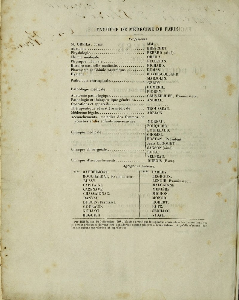 FACULTÉ DE MÉDECINE DE PARIS. Professeurs. M. ORFILA, DOYEN. . MM. Anatomie BRESCHET. Physiologie ^..... BÉRARD (aîné). Chimie médicale ORFILA. Physique médicale PELLETAN. Histoire naturelle médicale RICHARD. Pharmacie et Chimie organique.... * DUMAS. Hygiène ROYER-COLLARD. D 1 • U 1 (MARJOLIN. Pathologie chirurgicale. J (DUMÉRIL. jPIORRY. Anatomie pathologique CRÜVEILHIER, Examiiiateu»-. Pathologie et thérapeutique générales ANDRAL. Opérations et appareils Thérapeutique et matière médicale TROUSSEAU. Médecine légale ADELON. Accouchemenls, maladies des femmes en couches et*des enfants nouveau-nés - . Pathologie médicale. Clinique médicale MOREAU. FOUQUIER. IBOUILLAUD. CHOMEL. ROSTAN, Président. Jules CLOQUËT. i SANSON (aîné). I ROUX. ^ VELPEAU. Clinique d’accouchements DUBOIS (Paul). Agrégés en exercice. Clinique chirurgicale. MM. BAUDRIMONT. BOUCHARDAT, Examinateur. BUSSY. CAPITAINE. CAZENAVE. CHASSAIGNAC. DANYAU. DUBOIS (Frédéric). GOURAUD. GUILLOT. HUGUIER. MM. LARREY. LEGROUX. LENOIR, Examinateur. MALGAIGNE. MÉNIÈRE. MICHON. MONOD. ROBERT. RUFZ. SÉDILLOT. VIDAL. Uar délibération du 9 décembre t798, l’École a arrêté que les opinions émises dans les dissertations oui lui seront présentées doivent être considérées comme propres à leurs auteurs, et qu’elle n’entend leur lionncr aucune approbation ni improbation.