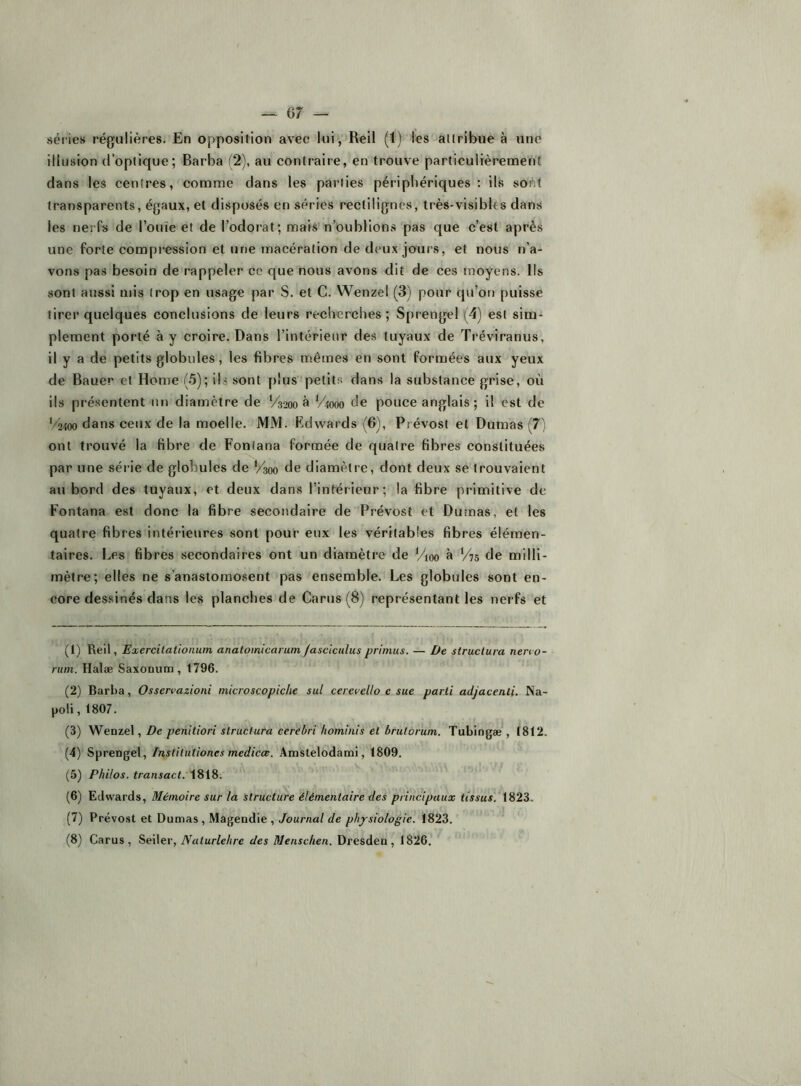 séries régulières. En opposition avec lui, Reil (1) les allribue à une iliu.sion d’optique; Barba (2), au contraire, en trouve particulièrement dans les centres, comme dans les parties périphériques: ils soèt transparents, égaux, et disposés en séries rectilignes, très-visibles dans les nerfs de l’ouïe et de l’odorat; mais'n’oublions pas que c’est après une forte compi’ession et une macération de deux jours, et nous n’a- vons pas besoin de rappeler ce que nous avons dit de ces moyens. Ils sont aussi mis trop en usage par S. et C. Wenzel (3) pour qu’on puisse tirer quelques conclusions de leurs recherches; Sprengel (4) est sim- plement porté à y croire. Dans l’intérieur des tuyaux de Tréviranus, il y a de petits globules, les fibres mêmes en sont formées aux yeux de Bauer et Home (.5); ils sont plus petits dans la substance grise, où ils présentent un diamètre de V3200 à ^4000 de pouce anglais; il est de %m dans ceux de la moelle. MM. Edwards (6), Prévost et Dumas (7] ont trouvé la fibre de Fonlana formée de quatre fibres constituées par une série de globules de V300 de diamètre, dont deux se trouvaient au bord des tuyaux, et deux dans l’intérieur; la fibre primitive de Fontana est donc la fibre secondaire de Prévost et Dumas, et les quatre fibres intérieures sont pour eux les véritables fibres élémen- taires. Les fibres secondaires ont un diamètre de Vm à V75 de milli- mètre; elles ne s'anastomosent pas ensemble. Les globules sont en- core dessinés dans les planches de Carus(8) représentant les nerfs et (1) Reil, Exercilationum anatomicarum /ascicnlus primus. — De structura neno- ritin. Halæ Saxonum , t796. (2) Barba, Osservazioni microscopiclie sut cerevelto c sue parti adjacenli. Na- poli, t807. (3) Weüzel, De penitiori structura cerebri hominis et brulorum. Tubingæ , I8t2. (4) Sprengel,Amstelodami, 1809. (5) Philos, transact. 1818. (6) Edwards, Mémoire sur la structure élémentaire tleS principaux tissus. 1823. (7) Prévost et Dumas , Magendie , Journal de physiologie. 1823.