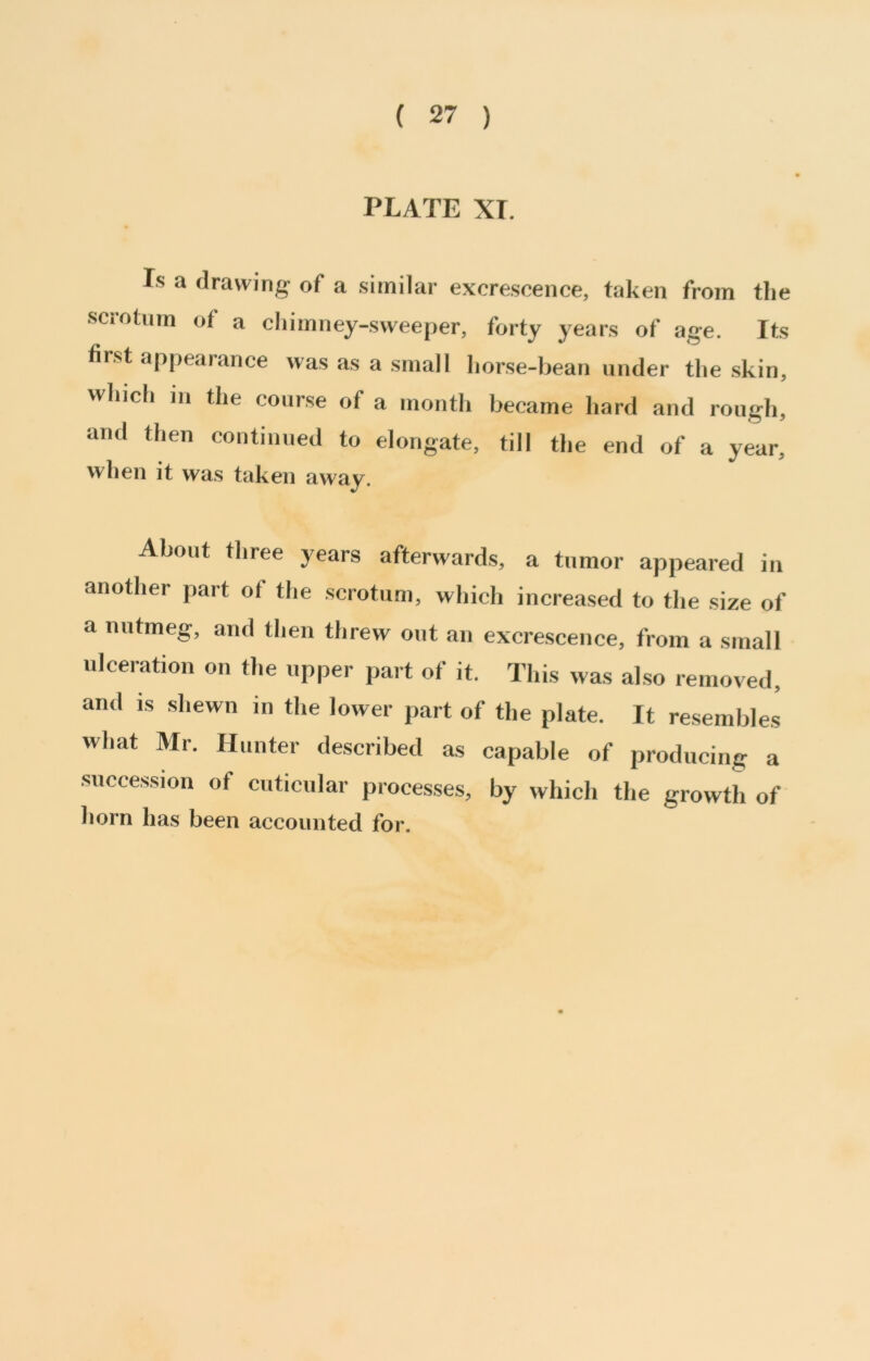 ( 27 ) PLATE XI. Is a drawing of a similar excrescence, taken from the sciotnm of a chimney-sweeper, forty years of age. Its first appearance was as a small horse-bean under the skin, which in the course of a month became hard and rough, and then continued to elongate, till the end of a year, when it was taken away. About three years afterwards, a tumor appeared in another part of the scrotum, which increased to the size of a nutmeg, and then threw out an excrescence, from a small ulceration on the upper part of it. This was also removed, and is shewn in the lower part of the plate. It resembles what Mr. Hunter described as capable of producing a succession of cuticular processes, by which the growth of Jiorn has been accounted for.
