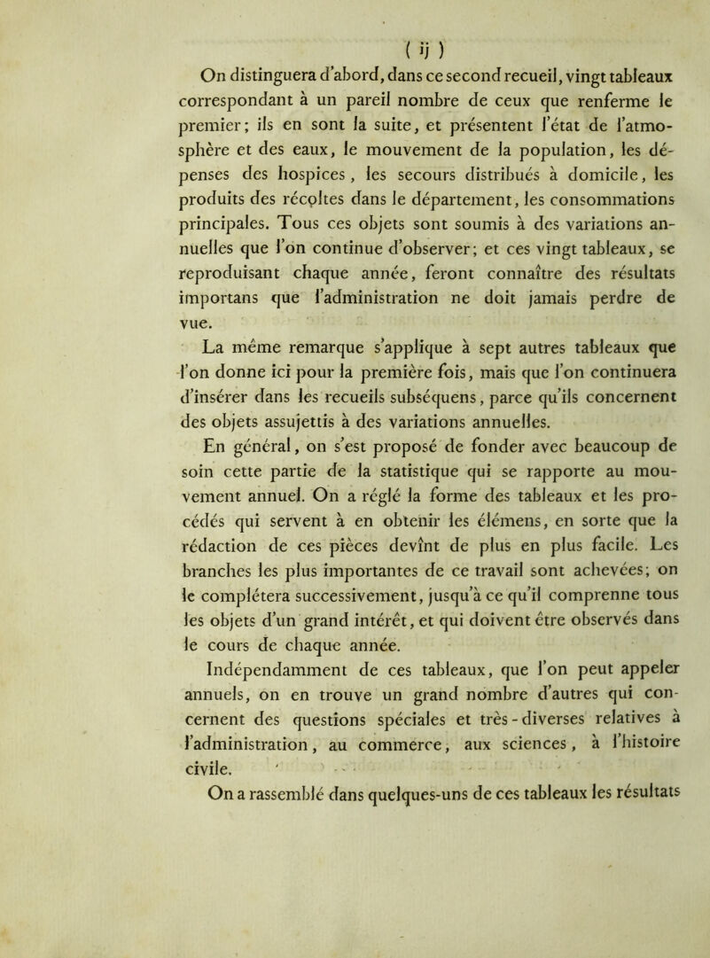 On distinguera d abord, dans ce second recueil, vingt tableaux correspondant à un pareil nombre de ceux que renferme le premier; ils en sont la suite, et présentent l’état de l’atmo- sphère et des eaux, le mouvement de la population, les dé- penses des hospices, les secours distribués à domicile, les produits des récoltes dans le département, les consommations principales. Tous ces objets sont soumis à des variations an- nuelles que l’on continue d’observer; et ces vingt tableaux, se reproduisant chaque année, feront connaître des résultats importans que l’administration ne doit jamais perdre de vue. La même remarque s’applique à sept autres tableaux que l’on donne ici pour la première fois, mais que l’on continuera d’insérer dans les recueils subséquens, parce qu’ils concernent des objets assujettis à des variations annuelles. En général, on s’est proposé de fonder avec beaucoup de soin cette partie de la statistique qui se rapporte au mou- vement annuel. On a réglé la forme des tableaux et les pro- cédés qui servent à en obtenir les élémens, en sorte que la rédaction de ces pièces devînt de plus en plus facile. Les branches les plus importantes de ce travail sont achevées; on le complétera successivement, jusqu’à ce qu’il comprenne tous les objets d’un grand intérêt, et qui doivent être observés dans le cours de chaque année. Indépendamment de ces tableaux, que l’on peut appeler annuels, on en trouve un grand nombre d’autres qui con- cernent des questions spéciales et très - diverses relatives à l’administration, au commerce, aux sciences, à 1 histoire civile. On a rassemblé dans quelques-uns de ces tableaux les résultats