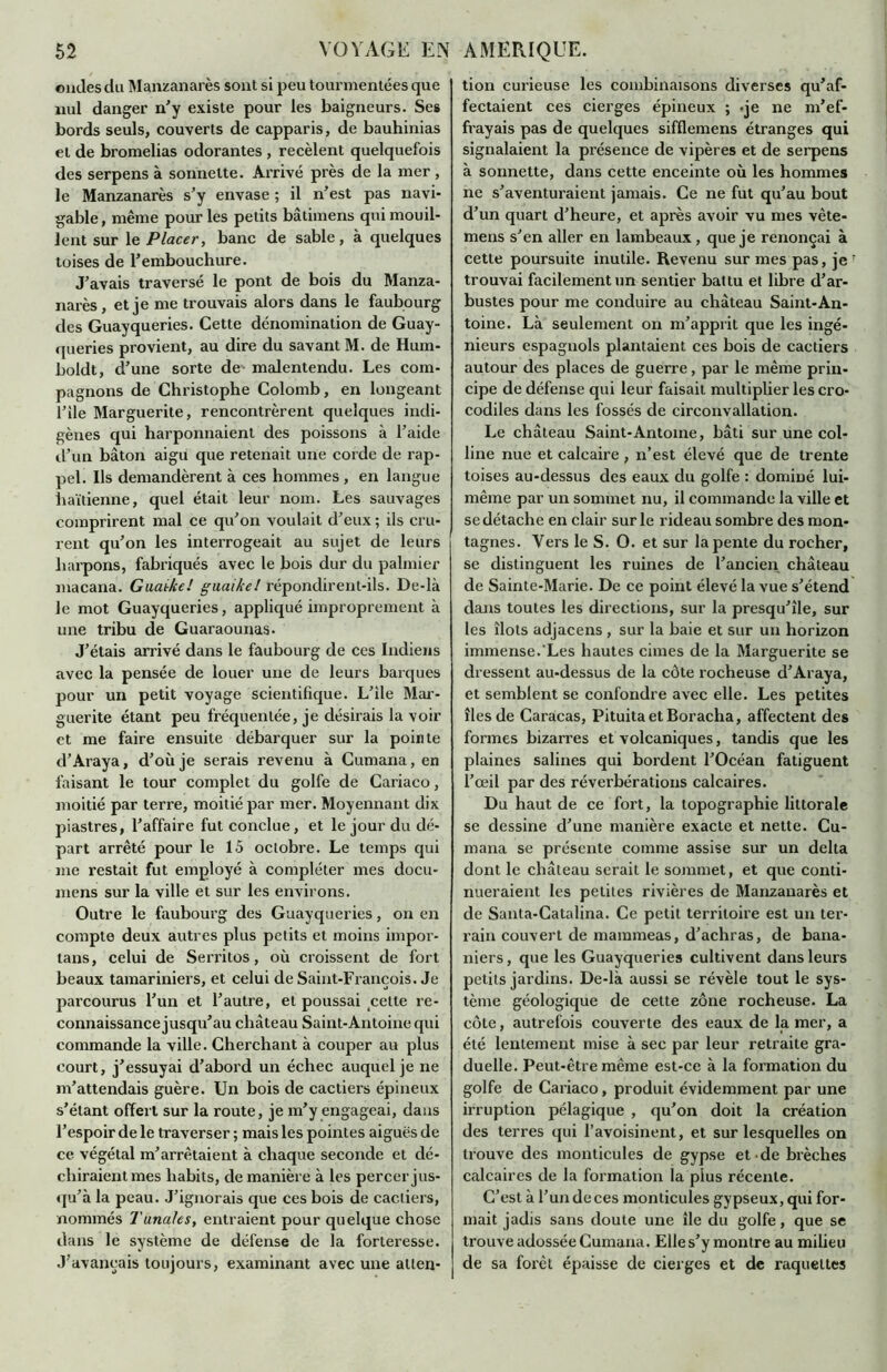 ondes du Manzanarès sont si peu tourmentées que nul danger n'y existe pour les baigneurs. Ses bords seuls, couverts de capparis, de bauhinias et de bromelias odorantes , recèlent quelquefois des serpens à sonnette. Arrivé près de la mer , le Manzanarès s’y envase ; il n’est pas navi- gable, même pour les petits bâtimens qui mouil- lent sur le Placer, banc de sable, à quelques toises de l’embouchure. J’avais traversé le pont de bois du Manza- narès, et je me trouvais alors dans le faubourg des Guayqueries. Cette dénomination de Guay- queries provient, au dire du savant M. de Hum- boldt, d’une sorte de malentendu. Les com- pagnons de Christophe Colomb, en longeant l’ile Marguerite, rencontrèrent quelques indi- gènes qui harponnaient des poissons à l’aide d’un bâton aigu que retenait une corde de rap- pel. Ils demandèrent à ces hommes , en langue haïtienne, quel était leur nom. Les sauvages comprirent mal ce qu’on voulait d’eux ; ils cru- rent qu’on les interrogeait au sujet de leurs harpons, fabriqués avec le bois dur du palmier macana. Guaike! guaike! répondirent-ils. De-là le mot Guayqueries, appliqué improprement à une tribu de Guaraounas. J’étais arrivé dans le faubourg de ces Indiens avec la pensée de louer une de leurs barques pour un petit voyage scientifique. L’ile Mar- guerite étant peu fréquentée, je désirais la voir et me faire ensuite débarquer sur la pointe d’Araya, d’où je serais revenu à Cumana, en faisant le tour complet du golfe de Cariaco, moitié par terre, moitié par mer. Moyennant dix piastres, l’affaire fut conclue, et le jour du dé- part arrêté pour le 15 octobre. Le temps qui me restait fut employé à compléter mes docu- mens sur la ville et sur les environs. Outre le faubourg des Guayqueries, on en compte deux autres plus petits et moins impor- tans, celui de Serritos, où croissent de fort beaux tamariniers, et celui de Saint-François. Je parcourus l’un et l’autre, et poussai cette re- connaissance jusqu’au château Saint-Antoine qui commande la ville. Cherchant à couper au plus court, j’essuyai d’abord un échec auquel je ne m’attendais guère. Un bois de cactiers épineux s’étant offert sur la route, je m’y engageai, dans l’espoir de le traverser ; mais les pointes aigues de ce végétal m’arrêtaient à chaque seconde et dé- chiraient mes habits, de manière à les percer jus- qu’à la peau. J’ignorais que ces bois de cactiers, nommés T anales, entraient pour quelque chose dans le système de défense de la forteresse. J’avançais toujours, examinant avec une atlen- tion curieuse les combinaisons diverses qu’af- fectaient ces cierges épineux ; .je ne m’ef- frayais pas de quelques sifflemens étranges qui signalaient la présence de vipères et de serpens à sonnette, dans cette enceinte où les hommes ne s’aventuraient jamais. Ce ne fut qu’au bout d’un quart d’heure, et après avoir vu mes vête- mens s’en aller en lambeaux, que je renonçai à cette poursuite inutile. Revenu sur mes pas, je trouvai facilement un sentier battu et libre d’ar- bustes pour me conduire au château Saint-An- toine. Là seulement on m’apprit que les ingé- nieurs espagnols plantaient ces bois de cactiers autour des places de guerre, par le même prin- cipe de défense qui leur faisait multiplier les cro- codiles dans les fossés de circonvallation. Le château Saint-Antoine, bâti sur une col- line nue et calcaire , n’est élevé que de trente toises au-dessus des eaux du golfe : dominé lui- même par un sommet nu, il commande la ville et se détache en clair sur le rideau sombre des mon- tagnes. Vers le S. O. et sur la pente du rocher, se distinguent les ruines de l’ancien château de Sainte-Marie. De ce point élevé la vue s’étend dans toutes les directions, sur la presqu’île, sur les îlots adjacens , sur la baie et sur un horizon immense. Les hautes cimes de la Marguerite se dressent au-dessus de la côte rocheuse d’Araya, et semblent se confondre avec elle. Les petites îles de Caracas, PituitaetBoracha, affectent des formes bizarres et volcaniques, tandis que les plaines salines qui bordent l’Océan fatiguent l’œil par des réverbérations calcaires. Du haut de ce fort, la topographie littorale se dessine d’une manière exacte et nette. Cu- mana se présente comme assise sur un delta dont le château serait le sommet, et que conti- nueraient les petites rivières de Manzanarès et de Santa-Catalina. Ce petit territoire est un ter- rain couvert de mammeas, d’achras, de bana- niers, que les Guayqueries cultivent dans leurs petits jardins. De-là aussi se révèle tout le sys- tème géologique de cette zone rocheuse. La côte, autrefois couverte des eaux de la mer, a été lentement mise à sec par leur retraite gra- duelle. Peut-être même est-ce à la formation du golfe de Cariaco, produit évidemment par une irruption pélagique , qu’on doit la création des terres qui l’avoisinent, et sur lesquelles on trouve des monticules de gypse et de brèches calcaires de la formation la plus récente. C’est à l’un de ces monticules gypseux, qui for- mait jadis sans doute une île du golfe, que se trouve adossée Cumana. Elles’y montre au miüeu de sa forêt épaisse de cierges et de raquettes