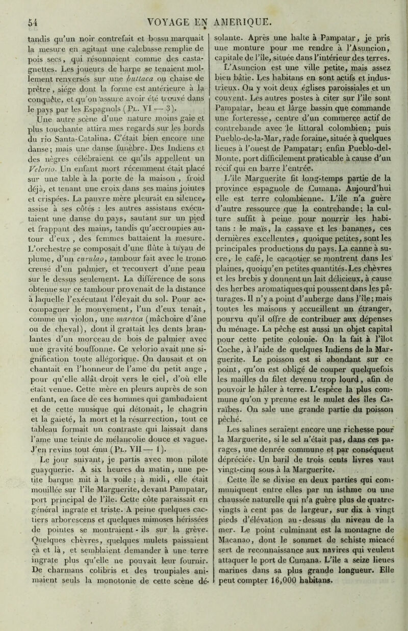 » tandis qu’un noir contrefait et bossu marquait la mesure en agitant une calebasse remplie de pois secs, qui résonnaient connue des casta- gnettes. Les joueurs de harpe se tenaient mol- lement renversés sur une buttaca ou chaise de prêtre , siège dont la forme est antérieure à la conquête, et qu'on ‘assure avoir été trouvé dans le pays par les Espagnols ( Pl. VI ■— 3). Une autre scène d’une nature moins gaie et plus touchante attira mes regards sur les bords du rio Santa-Catalina. C’était bien encore une danse; mais une danse funèbre. Des Indiens et des nègres célébraient ce qu’ils appellent un Velorio. Un enfant mort récemment était placé sur une table à la porte de la maison , froid déjà, et tenant une croix dans ses mains jointes et crispées. La pauvre mère pleurait en silence, assise à ses côtés : les autres assistans exécu- taient une danse du pays, sautant sur un pied et frappant des mains, tandis qu’accroupies au- tour d’eux , des femmes battaient la mesure. L’orchestre 5e composait d’une flûte à tuyau de plume, d’un curulao, tambour fait avec le tronc- creusé d’un palmier, et Tecouvert d’une peau sur le dessus seulement. La différence de sons obtenue sur ce tambour provenait de la distance à laquelle l’exécutant l’élevait du sol. Pour ac- compagner le mouvement, l’un d’eux tenait, comme un violon, une maraca (mâchoire d’âne ou de cheval), dont il grattait les dents bran- lantes d’un morceau de bois de palmier avec une gravité bouffonne. Ce velorio avait une si- gnification toute allégorique. O11 dansait et on chantait en l’honneur de l’ame du petit ange , pour qu’elle allât droit vers le ciel, d’où elle était venue. Cette mère en pleurs auprès de son enfant, en face de ces hommes qui gambadaient et de cette musique qui détonait, le chagrin et la gaieté, la mort et la résurrection, tout ce tableau formait un contraste qui laissait dans l’ame une teinte de mélancolie douce et vague. J’en revins tout ému (Pl. VII— 1). Le jour suivant, je partis avec mon pilote guayquerie. A six heures du matin, une pe- tite barque mit à la voile ; à midi, elle était mouillée sur l’île Marguerite, devant Painpalar, port principal de l’île. Cette côte paraissait en général ingrate et triste. A peine quelques cac- tiers arborescens et quelques mimoses hérissées de pointes se montraient - ils sur la grève. Quelques chèvres, quelques mulets paissaient çà et là, et semblaient demander à une terre ingrate plus qu’elle ne pouvait leur fournir. De charmans colibris et des troupiales ani- maient seuls la monotonie de celte scène dé* solante. Après une balte à Pampalar, je pris une monture pour me rendre à l’Asuncion, capitale de l’île, située dans l’intérieur des terres. L’Asuncion est une ville petite, mais assez bien bâtie. Les habitans en sont actifs et indus- trieux. Ou y voit deux églises paroissiales et un couvent. Les autres postes à citer sur l’ile sont. Pampalar, beau et large bassin que commande une forteresse, centre d’un commerce actif de contrebande avec le littoral colombien; puis Pueblo-de-la-Mar, rade foraine, située à quelques lieues à l’ouest de Pampatar; enfin Pueblo-del- Monte, port difficilement praticable à cause d’un récif qui en barre l’entrée. L’ile Marguerite fit long-temps partie de la province espagnole de Cumana. Aujourd’hui elle est terre colombienne. L’ile n’a guère d’autre ressource que la contrebande; la cul- ture suffit à peine pour nourrir les habi- tans : le maïs, la cassave et les bananes, ces dernières excellentes, quoique petites, sont les principales productions du pays. La canne à su- cre, le café, le cacaotier se montrent dans les plaines, quoiqu’en petites quantités. Les chèvres et les brebis y donnent un lait délicieux, à cause des herbes aromatiques qui poussent dans les pâ- turages. Il 11’y a point d’auberge dans l’île ; mais toutes les maisons y accueillent un étranger, pourvu qu’il offre de contribuer aux dépenses du ménage. La pêche est aussi un objet capital pour cette petite colonie. On la fait à l’îlot Coche, à l’aide de quelques Indiens de la Mar- guerite. Le poisson est si abondant sur ce point, qu’on est obligé de couper quelquefois les mailles du filet devenu trop lourd, afin de pouvoir le hâler à terre. L’espèce la plus com- mune qu’on y prenne est le mulet des îles Ca- raïbes. On sale une grande partie du poisson pêché. Les salines seraient encore une richesse pour la Marguerite, si le sel n’était pas, dans ces pa- rages, une denrée commune et par conséquent dépréciée. Un baril de trois cents livres vaut vingt-cinq sous à la Marguerite- Cette île se divise en deux parties qui com- muniquent entre elles par un isthme ou une chaussée naturelle qui n’a guère plus de quatre- vingts à cent pas de largeur, sur dix à vingt pieds d’élévation au-dessus du niveau de la mer. Le point culminant est la montagne de Macanao, dont le sommet de schiste micacé sert de reconnaissance aux navires qui veulent attaquer le port de Cumana. L’île a seize lieues marines dans sa plus grande longueur. Elle peut compter 16,000 habitans.