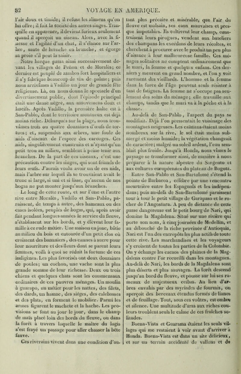 l’air doux et timide; il refuse les alimens qu’on lui offre ; il fuit la société des autres singes. Tran- quille en apparence, il devient furieux seulement quand il aperçoit un oiseau. Alors, avec la fi- nesse et l’agilité d’un chat, il s’élance sur l’ar- hre, saute de branche en branche, et égorge sa proie s’il peut la saisir. Notre barque passa ainsi successivement de- vant les villages de Peüon et de Morales; ce dernier est peuplé de zambos fort hospitaliers et il s’y fabrique beaucoup de vin de palme ; puis nous arrivâmes àVadiilo un jour de grande fêle religieuse. Là, ou nous donna le spectacle d’un divertissement public, dont l’épisode principal était une danse nègre, aux mouvemens doux et lascifs. Après Yadillo, la première halte est à San-Pablo, dont le territoire monlueux est déjà moins riche. Débarqués sur la plage, nous trou- vâmes trois ou quatre douzaines d’œufs de tor- tues ; et, suspendus aux arbres, une foule de nids d’oiseaux de l’espece des carouges. Ces nids, singulièrement construits et n’ayant qu’un petit trou au milieu, semblent à peine tenir aux branches. De la part de ces oiseaux, c’est une précaution contre les singes, qui sont friands de leurs œufs. J’aurais voulu avoir un de ces nids, mais l’arbre sur lequel ils se trouvaient avait le tronc si large, si uni et si lisse, qu’aucun de nos Logas ne put monter jusqu’aux branches. Le long de cette route, et sur l’une et l’autre rive entre Moralès, Yadillo et San-Pablo, pa- raissent, de temps à autre, des hameaux ou des cases isolées, peuplés de bogas, qui, après avoir fait pendant longues années le service du fleuve, s’établissent sur les bords, et y élèvent leur fa- mille à ce rude métier. Une maison en jonc, bâtie au milieu du bois et entourée d’un petit clos où croissent des bananiers , des cannes à sucre pour leur nourriture et des fleurs dont se parent leurs femmes, voilà à quoi se réduit la fortune de ces indigènes. Les plus favorisés ont deux douzaines de poules; un cochon, une vache sont la plus grande somme de leur richesse. Deux ou trois chiens et quelques chats sont les commensaux ordinaires de ces pauvres ménages. Un moulin à guarapo, un métier pour les nattes, des filets, des dards, un hamac, des sièges, des calebasses et des plats, en forment le mobilier. Parmi les armes figurent le machete et la hache. Les pro- visions se font au jour le jour, dans le champ de maïs placé loin des bords du fleuve, ou dans la forêt à travers laquelle le maître du logis s’est frayé un passage pour aller chasser la bête fauve. Ces riverains vivent dans une condition d’au- tant plus précaire et misérable, que l’air du fleuve est malsain, ses eaux mauvaises et pres- que imputables. Ils cultivent leur champ, cons- truisent leurs pirogues, vendent aux bateliers des champans les excédans de leurs récoltes, et cherchent à procurer avec le produit un peu plus d’aisance à leur malheureuse famille. Ces mé« nages solitaires ne comptent ordinairement que le mari, la femme et quelques enfans. Ces der- niers y meurent en grand nombre, et l’on y voit rarement des vieillards. L’homme et la femme dans la force de l’âge peuvent seuls résister à tant de fatigues. La femme ne s’occupe pas seu- lement des soins du ménage ; elle travaille aux champs, tandis que le mari va à la pêche et à la chasse. Au-delà de San-Pablo , l’aspect du pays se modifiait. Déjà l’on pressentait le voisinage des montagnes neigeuses. Les caïmans étaient moins nombreux sur la rive, le sol était moins sub- mergé et moins humide; la végétation changeait de caractère ; malgré un soleil ardent, l’eau sem- blait plus froide. Jusqu’à Honda, nous vîmes le paysage se transformer ainsi, de manière à nous préparer à la nature alpestre du Sargento et aux cultures européennes du plateau de Bogota. Entre San-Pablo et San-Bartolomé s’étend la pointe de Barbacoa, célèbre par une rencontra meurtrière entre les Espagnols et les indépen- dans; puis au-delà de San-Bartolomé paraissent tour à tour le petit village de Garapaso et le ro- cher de l’Angoslura. A peu de distance de celte passe dangereuse est le petit bourg de Nari, qui domine la Magdalena. Situé sur une rivière qui porte son nom, à cinq journées de Medellin, et au débouché de la riche province d’Antioquia, Nari est l’un des entrepôts les plus actifs de toute cette rive. Les marchandises et les voyageurs s’y croisent de toutes les parties de la Colombie. On y échange les cacaos des plaines de la Mag- daiena contre l’or recueilli dans les montagnes. Au-delà de Nari, les bords de la Magdalena sont plus déserts et plus sauvages. La forêt descend jusqu’au bord du fleuve, et pousse sur lui ses ra- meaux de majestueux ceibas. Au lieu d’ar- bres envahis par des myriades de fourmis, on aperçoit des berceaux étendus formés de lianes et de feuillage. Tout, sous ces voûtes, est ombre et silence. Une multitude d’aras aux riches cou- leurs troublent seuls le calme de ces fraîches so- litudes. Buena-Yista et Guarama étaient les seuls vil- lages qui me restaient à voir avant d’arriver à Honda. Buena-Yista est dans un site délicieux, et sur un terrain accidenté de vallons et de