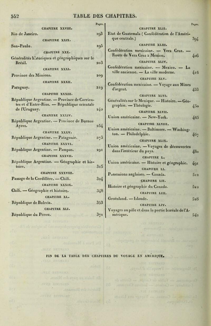 Pages. CHAPITRE XXVIII. Rio de Janeiro. ig3 CHAPITRE XXIX. San-Paulo, 195 CHAPITRE XXX. Généralités historiques et géographiques sur le Brésil. 2o3 CHAPITRE XXXI. Province des Missions. 209 CHAPITRE XXXII. Paraguay. 219 CHAPITRE XXXIII. République Argentine. — Province de Corrien- tes et d’Entre-Rios. — République orientale de l’Uruguay. 240 CHAPITRE XXXIV. République Argentine. — Province de Buenos Ayres. 264 CHAPITRE XXXV. République Argentine. — Patagonie. 278 CHAPITRE XXXVI. République Argentine. —Pampas. 291 CHAPITRE XXXVII. République Argentine. — Géographie et his- toire. 315 CHAPITRE XXXVIII. Passage de la Cordillère. — Chili. 324 CHAPITRE XXXIX. Chili. — Géographie et histoire. 348 CHAPITRE XL. République de Bolivia. 353 CHAPITRE XLI. République du Pérou. 3yi CHAPITRE XLII. Etat de Guatemala ( Confédération de l’Améri- que centrale.) CHAPITRE XLIII. Confédération mexicaine. — Vera Cruz. — Route de Vera Cruz à Mexico. CHAPITRE XLIV. Confédération mexicaine. — Mexico. — La ville ancienne. — La ville moderne. CHAPITRE XLV• Confédération mexicaine. — N oyage aux Mines d’argent. CHAPITRE XLVI. Généralités sur le Mexique. — Histoire. — Géo- graphie. — Théologie. CHAPITRE XLVII. Union américaine. — New-York. CHAPITRE XLVIII. Union américaine. — Baltimore. — Washing- ton. — Philadelphie. CHAPITRE XLIX. Union américaine. —Voyages de découvertes dans l’intérieur du pays. CHAPITRE L. Union américaine. — Histoire et géographie. CHAPITRE LI. Possessions anglaises. — Canada. CHAPITRE LII. Histoire et géographie du Canada. CHAPITRE LUI. Groënland. —Islande. CHAPITRE LIV. Voyages au pôle cl dans la partie boréale de l’A- mérique. Pages. 394 406 41 g 433 45o 465 467 48o 49* 012 5a 2 5a8 542 FIN DE LA TABLE DES CHAPITRES DU VOYAGE EN AMERIQUE,