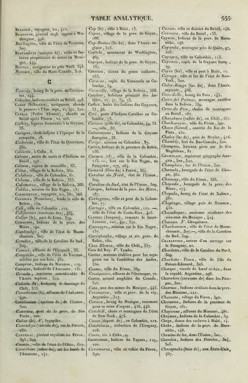 Bulloch , voyageur, xn, l\\i. Burgoyxb, général angl. opposé à Wa- shington , 496- Burlington, ville de l’état de Vcrmont, 5oy. BustamÈme (marquis de), riche et fas- tueux propriétaire de mines au Mexi- que» 449- Bltton , navigateur au pôle Noïd, 543. Bjrtown, ville du Haut-Canada, 518. c Caacatj-, hourg de la prov. de Covricn- tes, a44- Cahoclos, Indiens civilisés au Brésil, ig5. Cabot (Sébastien), navigateur, aborde le premier h TAm. sept,, vi, 49l< 522. Cabral (Pedro Alvarez) , aborde au Brésil apres Pinzon , vi, 2o3. Cachirv, liqueur fermentée a la Guyimc, 35. ' Caciques, chefs indiens à l’époque de la conquête, 18. Cadereile, ville de l’état de QueretarO, 460. Caféierie, à Cuba , 6. Calusos , métis de noirs et d’indiens au Brésil , ig8. Caïman , espèce de crocodile , 63. Ca'iza , village de la Bolivia, 36o. Calabozo , ville de Colombie, 6t. Calama , ville de la Bolivia , 355. Calumarcct, village delà Bolivia, 366. Caldas, mission du Rio Negro , i3. Caldclecgh , voyageur, xn, 38i, 386. Caldeira (Francisco) , fonde la ville de Belem , i3a. Cali , ville en Colombie , 112. Californies (territoire des) , 464. Callao (le), port de Lima, 379. Cantacans, Indiens de la prov. des Mines , tgo. Cambridge , ville de l’état de Massa- chussets , 607. Camden , villc.de la Caroline du Sud , 5og. Camopi, affluent de l’Oyapoch , 35. Canipéche , ville de l’état de Yucatan , célèbre par son bois , 462. Campivas , Indiens du Maranon , ng. Canmtas, Indiens de l’Amazone, 13x. Canada , territoire considérable de l'Amér. septent. , 5i2. Canada (1a), faubourg de Santiago du Chili, 333. Canadienne (la), affluent de l’Arkansas, 4go. 'Canalisation ( système de ) de l’Union, 5oo. Cananea, port de la prov. de San Paulo , 200. Canar (le). P. Ingapika. Canendiyu (cascade de), sur .le Tarana, nit. Casterac, général royaliste au Pérou , 3g3 , 39q. Canton , ville de l’état de l’Ohio, 5io. Caoutchouc (arbre du), sur les bords de l’Amazone, 141. TABLE ANALYTIQUE. Cap (le) , ville à Haïti, i5. Capao, village de la prov. de Goyaz , 166. Cap-Breton (île du), dans l’Amér. an- glaise , 525. Capitole , monument de Washington, 469. Capopos, Indiens de la prov. de Goyaz, 161. Caracara, oiseau du genre catharte, 233. Caracas , capit. du Venezuela en Co- lombie , 5g. Caracollo, village de la Bolivia , 366. Caraïbes , habitues primitifs des An- tilles, 27, 4.1, 5g, 73. Carbet, hutte des Indiens des Guyanes, 33,46. Cari , poste d’indiens Caraïbes en Co- lombie , 73. Cariaco (golfe de), en Colombie, 4g, 53. —, ville , ,58. Cariacouvous , Indiens de la Guyane française , 33. Caripe, mission en Colombie , 57. Cariris, Indiens de la province de Babia, t56. Carmen (cl) , ville de la Colombie, 113. —, fort sur le Rio Negro, en Patagonie , 277, 284* Carnaval (fêtes du) à Potosi, 364 - Caroline du Nord, état de l’Union, 5og. Caroline du Sud, état de l’Union, 5og. Caropos, Indiens de la prov. des Mines, 187. Cartagena, ville et port de la Colom- bie, 77. Cartago , ville en Colombie , 112. —-, ville de l’état de Costa-Rica , 4o3. Ca RTiER (Jacques) , remonte le Saint- Laurent, vm, 4gi> 522. Carvoeyro , mission sur le Rio Negro , i37. Carynhanha, village et riv. prov. de Bahia, 160. Casa Blnnca, ville du Chili, 337* Casa del Rey. V. Tamho. Casitas, maisons établies pour les voya- geurs sur la Cordillère des Andes, 33o. Casma, ville du Pérou, 38g. Cassiquiare, affluent de l'Orénoque, 70. Castor, animal amphibie du Canada, 526. Cala, une des mines du Mexique , 443- Calamarca , ville et prov. de la rép. Argentine ,317. Catorce , bourg du Mexique, renommé pour sa mine d’argent, 436, 44®* Caltshill, chute et montagnes de l’état de New-York, 4?5. Cauca (départ, de) , en Colombie, 112. Caudelaria, réduction de l’Uruguay, 218. Cauto, riv. à Cuba , g. Cauxicunas, Indiens du Yapura, 119, 120. Caxamarca , ville et vallée du Pérou, 3go. 555- Caxias, ville et district du Brésil, 146. Caxoeira, ville du Brésil, 155. Cayacas, Indiens de la prov. de Mara- nhâo, 148. Cayambé, montagne près de Quito, 97, io5. Caycara, ville en Colombie , n3. Cayenne , capit. de la Guyane franc., 29. Cayes (les), ville et port à Haïti, 17. Cayuga , ville et lac de l’état de New- York , 5oo. Cèdre-Rouge (lac du), dans l’Amér. septentr., 486. Cerctdello , bourg du Para , 143. Cerro del Pa/mar, montagne aurifère dans la Bolivia , 35g. Cerro do Brio , chaîne de montagnes au Brésil , 167. Chacabuco (vallée de), au Chili , 332, Chachapoyas, ville du Pérou , 3go. Chaco (Grand) , contrée du Rio de la Plata , 232. Chalco (lac de) , près de Mexico , 416. Chambly, fort du Bas-Canada, 520. Champans, bateaux plats sur le Rio Magdalena ,81. Champlaiw, ingénieur géographe fran- çais , 5uo, 5z2. Champlain , lac de l’Union , 5oo. Chamula, bourgade de l’étal de Chia- pa, 462. Chancay, ville du Pérou , 388. Chapada , bourgade de la prov. des Mines , 174. Chapala, bourg de l’état de Xalisco , 461. Cliapingo, village près de Tezcuco , 432. ‘ Chapullepec, ancienne résidence des vice-rois du Mexique , 424■ Charcas. V. Chuquisaca. Charleslown , ville de l’état de Massa- chussets , 507.—, ville de la Caroline du Sud, 509. Cuarlevoix, auteur d’un ouvrage sur le Paraguay, xi. Charlotte, ville de la Caroline du Noid, 5oq. Charlotte - Town, ville de File du Prince-Édouard , 525. Charque , viande de bœuf séchée , dans la républ. Argentine , 2g6. Charrettes (caravane de) dans les Pam- pas, 302. Charruas , Indiens civilisés dans la prov. des Missions ,211. Chassuta , village du Pérou, 3.92. Chavantes, Indiens de la provinee de Goyaz, 161. Chayenne , affluent du Missouri, 481. Chaymas, Indiens de la Colombie , 5g. Chega, danse des esclaves à Haïti, 14. Chehs, Indiens de la prov. de Mara- nhâo , *48. Chemins de fer, dans l’Union, 5oi. Cherokis, Indiens des Florides, 5©4, 5o5. Chesapeake (baie de), au* États-Uni*! 467.