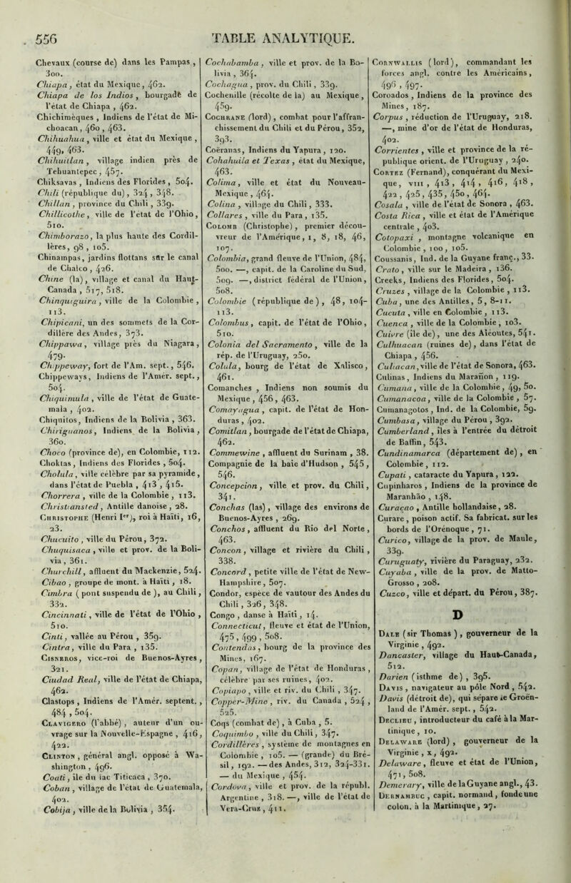 Chevaux (course de) dans les Pampas , 3oo. Chiapa , élat du Mexique, 462. Chiapa Je los Indios, bourgadè de l’état de Chiapa , 462. Chichimèques , Indiens de l'état de Mi- choacan, 460,463. Chihuahua , ville et état du Mexique , 449, 463. Chiliuillan , village indien près de Tehuantepcc, 457. Chiksavas , Indiens des Florides , 5o4. Chili (république du), 3^4 » 348. Chilian, province du Chili , 33g. Chillicothe , ville de l’état de l’Ohio , 5io. Chimborazo, la plus haute des Cordil- lères, gB , io5. Chinampas, jardins flottans sttr le canal de Chalco , 426. Chine (la), village et canal du Haut- Canada , 517, 518. Chinquiguira, ville de la Colombie , 113. Chipicani, un des sommets de la Cor- dillère des Andes, 373. Cliippawa, village près du Niagara, 479- Cluppeway, fort de l’Am. sept., 546. Chippewavs, Indiens de l’Amér. sept., 5o4- Chiquimula , ville de l’état de Guate- mala , 4°2- Chiquitos, Indiens de la Bolivia , 363. Chiriguanos, Indiens de la Bolivia, 36o. Choco (province de), en Colombie, 112. Choklas, Indiens des Florides , 5o4* Chotula , ville célèbre par sa pyramide , dans l’ctat de l’uebla , 413 , 4'5. Chorrera , ville de la Colombie , ii3. Christiansted, Antille danoise, 28. Christophe (Henri I), roi à Haïti, 16, a3. Chucuito , ville du Pérou, 372. Chuquisaca , ville et prov. de la Boli- via , 361. Churchill, affluent du Mackenzie, 54- Cibao , groupe de mont, a Haïti , 18. Cimbra ( pont suspendu de ), au Chili, 332. Cincinnati, ville de l’état de l’Ohio , 510. Cinti, vallée au Pérou , 35g. Cintra, ville du Para , 135. Cisnbuos, vice-roi de Buenos-Ayres, 321 . Ciudad Real, ville de l’état de Chiapa, 462. Clastops , Indiens de l’Amér. septent. , 484.504. Clavigero (l’abbé) , auteur d’un ou- vrage sur la Nouvelle-Espagne , 4'6, 422. Clinton , général angl. opposé à Wa- shington , 496. Coati , île du iac Titicaca , 370. Coban , village de l’état de Guatemala, 402. Cobija , ville delà Bolivia , 3f>4- Cochabamba , ville et prov. de la Bo- livia , 364. Cochagua , prov. du Chili , 33g. Cochenille (récolte de la) au Mexique , 45g. Cochrane (lord), comhat pour l’affran- chissement du Chili et du Pérou, 352, 3g3. Coëranas, Indiens duYapura, 120. Cohahuila et Texas , état du Mexique, 463. Colirna, ville et état du Nouveau- Mexique , 464. Cotina , village du Chili, 333. Col/ares , ville du Para, i35. Colomb (Christophe) , premier décou- vreur de l’Ame'rique, 1, B, 18, 46> 107. Colombia, grand fleuve de l’Union, 484, 5oo. —, capit. de la Caroline du Sud, 5og. —.district fédéral de l’Union, 5o8. Colombie ( république de ) , 48» i<>4_ 113. Co/ombus , capit. de l’état de l’Ohio, 5io. Colonia del Sacramento , ville de la rép. de l’Uruguay, 25o. Colula, bourg de l’état de Xalisco, 461. Coraanches , Indiens non soumis du Mexique , 456 , 463. Comayagua , capit. de l’état de Hon- duras , 402. Comitlan, bourgade de l’état de Chiapa, 462. Commewine , affluent du Surinam , 38. Compagnie de la baie d’Hudson , 545, 546. Concepcinn , ville et prov. du Chili, 34.. Conchas (las), village des environs de Buenos-Ayres , 269. Conchos, affluent du Rio del Norte , 463. Concon, village et rivière du Chili , 338. Concord, petite ville de l’état de New- Hampshire, 507. Condor, espèce de vautour des Andes du Chili, 326, 348. Congo , danse à Haïti , 4- Connecticut, fleuve et état de l’Union, 475. %9.5o8- Contendas, bourg de la province des Mines, 167. Copan, village de l’état de Honduras, célèbre par ses ruines, 402. Copiapo, ville et riv. du Chili , 347- Copper-TVIine , riv. du Canada , 524 > 525. Coqs (combat de) , à Cuba , 5. Coqiiimbo , ville du Chili, 347* Cordillères , système de montagnes en Colombie, io5. — (grande) du Bré- sil, 192.—des Andes, 3i2, 32q-33i. — du Mexique , 4^4- Cordova , ville et prov. de la républ. Argentine , 318. —, ville de l’état de Vera-Cruz , 411 • Corjvwallis (lord), commandant les forces angl. contre les Américains, 496 . 497- Coroados , Indiens de la province des Mines, 187. Corpus , réduction de l’Uruguay, 218. —, mine d’or de l’état de Honduras, 402. Corrientes , ville et province de la ré- publique orient, de l’Uruguay , 240. Cortez (Fernand), conquérant du Mexi- que, vm, 413, 44, 4*6, 4ï8, 422,4?-5, 435,460 > 46/i- Cosala , ville de l’état de Sonora , 463. Costa Rica , ville et état de l’Amérique centrale , 4°3. Cotopaxi , montagne volcanique en Colombie, 100, io5. Coussanis, Ind. de la Guyane franc., 33. Crato, ville sur le Madeira , i36. Creeks, Indiens des Florides, 5o4- Cruzes , village de la Colombie , Ii3. Cuba, une des Antilles, 5, 8-11. Cucuta , ville en Colombie , 113. Cuenca , ville de la Colombie , io3. Cuivre (île de), une des Aïéoutes, 54 v • Culhuacan (ruines de), dans l’état de Chiapa , 456. Cultacan, ville de l’état de Sonora, 463. Culinas, Indiens du Maraîïon , 119. Cumana , ville de la Colombie , 49. 6o. Cumanacoa, ville de la Colombie , 57. Cumanagolos , Ind. de la Colombie, 5g. Cumbasa, village du Pérou , 392. Cumberland, îles à l’entrée du détroit de Bafffin, 543. Cundinamarca (département de) , en Colombie ,112. Cupali, cataracte du Yapura, 122. Cupinliaros , Indiens de la province de Maranhâo , 148. Curaçao , Antille hollandaise, 28. Curare , poison actif. Sa fabricat. sur les bords de l’Orénoque, 71. Curico, village de la prov. de Maule, 33g. Curuguaty, rivière du Paraguay, 232. Cuyaba , ville de la prov. de Matlo- Grosso , 208. Cuzco, ville et départ, du Pérou, 387. D Dale (sir Thomas ), gouverneur de la Virginie , 492- Daneasler, village du Haub-Canada, 5l2. Darien (isthme de) , 3g5. Davis , navigateur au pôle Nord , .642. Davis (détroit de), qui sépare ie Groen- land de l’Amér. sept. , 542. Declibu , introducteur du café à la Mar- tinique , 10. Delaware (lord) , gouverneur de la Virginie , x , 495« Delaware, fleuve et état de l’Union, 471,5o8. Demcrary, ville delaGuyane angl., 43. Dernamblc , capit. normand, fondeune colon, à la Martinique, 27.