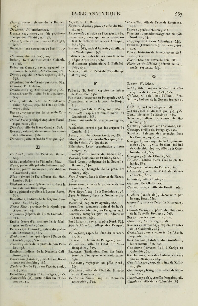 TABLE ANALYTIQUE. Desaguadcro, rivière de la Boli\ia , 371. Desague. V. Huehuetoca. Dessalines , nègre , se fait proclamer empereur d’Haïti, 32 , 23. Détroit, ville du territoire de Michigan, 5io. Diamans , leur extraction au Brésil, 177- 180. Diamans (district des) , 20g. Diego, frère de Christophe Colomb, V l8‘ Diego de Ordaz, navig. espagnol, in venteur de ia fahle del Dorailo, 46. Diggs , cap de l’Amer, septent., 5/(3, 543; Diomède, îles de l’Amérique russe, 5^i. Do/ores. F. Hidalgo. Dominique (la), Antille anglaise , 28. Donaldsonville , ville de la Louisiane, 5og. Dover, ville de l’état de New-llainp- shire, 507.—, cap. de l’état de Dela- ware, 5o8.- Drakr , voyageur sur les côtes de Cali- fornie , IX. Duc-d’ York (archipel du) , dans l’Amé- rique russe , 54o. Dundas, ville du Haut-Canada, 52.3. DupaIx , colonel, dessinateur des ruines de Culhuacan , 456. Durango, ville etélatdu Mexique, 443. E Eastport , ville de l'état du Maine, 507. Edda , mythologie de l’Islande , 53o. Egas, petite ville prèsdu Solimoes, 126. Kurde , prêtre norvégien, s'établit au Groenland , 53o. Elan ( rivière de 1'), affluent du Mac- kenzie , 5a4.' Eléphant de mer (pêche de 1’), dans la baie de San Blas , 28g. Eno , général royaliste à Buenos-Ayres, 3ai. Emerillons , Indiens de la Guyane fran- çaise , 33 , 35,37. Entre-Rios , province de la république Argentine ,341. Equateur (départ, de 1’), en Colombie, 112. Erable (sucre d’), manière de le fabri- quer au Canada , 5i2. Ercilla (D. Alonzod’), auteur du poème de l’Araucanic , 351. Eric, grand lac qui sépare l’Union du Canada , 479, 5oo. Escada , aldee de la prov. de San Pau- lo, 198. Escelens , Indiens de la Nouvelle-Cali- fornie , 464. Eschwege (baron d’) , célèbre au Brésil pour ses bienfaits , i85. Esclave (lac de 1’) , dans l’Amér. angl., 524, 54f>. Escoffier , voyageur au Paraguay, 225. Ezmeralda (la), poste indien sur l’Oré- noque, 71. Espanola. Y. Haïti. Espiritu Santo , prov. et ville du Bré- sil , 209. Espozende, mission de l’Amazone, 137. Esquimaux, race qui se retrouve sur tout le littoral de la mer Arctique , 526,542. Estaing (d’), amiral français, auxiliaire de Washington , 4g6. Eslancia , nom des fermes dans la répu- blique Argentine , 296. Etablissement pénitentiaire à Philadel- phie , 472. Exeter, ville de l’état de New-Hamp- shire , 507. F Fagoaca (D. José) , exploite les mines de Fresnillo, 445- Fai.coner , voyageur en Patagonie, 285. Famalina, mine de la prov. de Bioja, 3i7. Famine , port de la Patagonie, 280. Farewell, cap à l’extrémité mérid. du Groenland , 543. Faro , mission de la Guyane portugaise, l3’’ . Fascination exercée par les serpens du Canada , 513. Félix , cap de l’Océan Arctique, 55o. Filons, dans les mines du Mexique, 436. Fils du Soleil. K. Quichuas. Flibustiers. Leur organisation , leurs usages , 19. Flores (Padre), mineurde Catorce, 447* Floride, territoire de l’Union , 5io. Floud-Couss , indigènes de la Nouvelle- Hanovre , 54o. Formigas, bourgade de la prov. des Mines, 167. Fort-Brown, dans le district de Huron, 5io. Forte Boa , ville de la province de So- limoës , i36. Fort-Royal, cap. de la Martinique , 26. Fort-William, dans la Nouvelle-Bre- tagne , 5a5. Foiward, cap en Patagonie, 280. Fourmilier tamanoir, animal de la fa- mille des édentés , au Paraguay, 223. Fourmis, mangées par les Indiens de l’Amazone , t4o. Fox (Lucas ), navig. au pôle Nord, 544* Fraile Muerto , village des Pampas , 3o8. Francfort, capit. de l’état du Kentuc- ky, Sio. Francia , dictateur du Paraguay, 227. Franconia, ville de l’état de New- Hampshire, 507. Franklin (Benjamin), l’un des fonda- teurs de l’indépendance américaine , 496. Franklin , voyageur au pôle Nord , 547. Franklin , villes de l’état du Missouri et du Tennessee, 5to. Frederick- Town , cap. du Nouveau- Brunswick , 522. Fresnillo , ville de l’état de Zacatecas, 445. Freyre, général chilien , 353. Frorisiier , premier navigateur au pôle Nord, ix , 542. Fry, cap de l’Océan Atlantique, 544* Fuentes (Francisco de), historien, tjoi, 402. Funes, historien de Buenos-Ayres, 3i8, 3ao, 321. Furie, baie à la Terre de Feu , 282. Furie et de VHécla ( détroit de la ) , Amer, scplentr., 549. G Garoto. V. Cabot. Gage , auteur anglo-américain ; sa des- cription de Mexico , 423,4^5. Galena, ville de l’état d'Illinois , 5io. Galibis, Indiens de la Guyane française, 33. Gal/ant, port en Patagonie, 280. Galvez , vice-roi du Mexique, 424> 4^5 Gama , historien du Mexique, 432. Camélias, Indiens de la prov. de Ma- ranhâo, 148. Garupa , bourgade sur l’Amazone, i3i. Galemy, rivière du Paraguay, 232. Gauchos , habilans des eslancias dans les Pampas , 297-300 , 3o4* George-Town , cap. de la Guyane an- glaise , 42. —, ville du distr. fédéral de Colombia, 5o8.—, ville de la Caro- line'du Sud , 5og. Georgia , état de l’Union , 5og. Geyser, source d’eau chaude en Is- lande, 532. Glengary, colonie du Canada, 5i6. Gloucesler, ville de l’état de Massa- chussets , 507. Gonaïve, ville à Haïti, i5. Gonave , île à Haïti , 12. Goyaz , prov. et ville du Brésil, 162 , 208. Graham ( vallée de ), découverte par le cap. Boss , 55o. Granada, ville de l’état de Nicaragua, 403. Grand-Portage , poste de chasseurs de la Nouvelle-Bretagne , 525. GnEEN, général américain, 497. Grenade , Antille angl. , 28. Grijalva (Hernando) , explore les côtes de la Californie, 4^4- Groenland , vaste contrée de l’Amér. septenlr. , 528. Groënlandais , habilans du Groenland, leurs mœurs, 5z8-53o Guacharo (caverne du), à Caripe en Colombie, 57. Guachupines, nom des Indiens de sang pur au Mexique , 454- Guadalaxara, cap. de l’état de Xalis- co, 461. Guada/upe, bourg de la vallée de Mexi- co , 43 t. Guadeloupe (la), Antille française, 28. Guaduas, ville de la Colombie, 84.