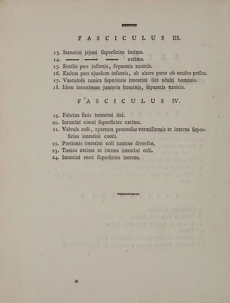 14. I5. 16. 18. F A.&amp;£ E-1 £C UD'L'U'S TJ Intestini jejuni fuperficies intima. — — —— extima. Similis pars infantis, feparatis tunicis. Eadem pars ejusdem infantis, ab altera parte ob PE pofita. Vasculofa tunica fuperioris intestini ilei adulti hominis. Idem intestinum junioris hominis, feparatis tunicis. EOASSUCOM COE NI O5] 20. 21. 22. 23. 24. Intestini coeci fuperficies extima. Valvula coli, apertura procesfus vermiformis et interna fuper- ficies intestini coeci. Portionis intestini coli tunicae diverfae. Tunica extima et intima intestini coli. Intestini recti fuperficies interna. e(es(esgecQor(ct2«(6