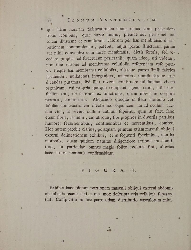 19 |. lecoRUvoM ÁAÁNATOMICAR UM * que fidam nostram flelineationem comparemus cum praeceden- tibus iconibus, quae durae matris, pleurae aut peritonei na- turam illustrant et ramulorum vaforum per has membranas distri- butionem contemplemur, patebit, hujus partis ftructuram parum aut nihil convenire cum hisce membranis, dictis ferofis, fed ac- cedere propius ad ftructuram pericranii; quam ideo, uti videtur, non fine ratione ad membranas cellulofas referendam esfe puta- vi. Itaque has membranas cellulofas, aliasque partes fimili fabrica gaudentes, nullatenus inorganicas, mucofas, femifluidasque esfe dicendas putamus, fed illas revera conftituere fubftantiam vivam organicam, cui propria quoque competat agendi ratio , mihi per- fuafum est, uti ceterum ex functione, quam ubivis in corpore praestat, confirmatur. Aliquando quoque in ftatu morbofo cel- lulofae conftructionem mechanico-organicam ita ad oculum auc- tam vidi, ut revera nullum dubium füuperfit, quin in ftatu fano etiam fibris, lamellis, cellulisque, fibi proprios in diverfis partibus humores fecernentibus , continentibus et moventibus, conftet. Hoc autem patebit clarius , postquam primum etiam musculi obliqui externi delineationem exhibui; et in fequenti fpecimine , non ita morbofo, quam quidem naturae diligentiore actione ita confti- tuto, ut particulae omnes magis folito evolutae fint, ulterius haec nostra fententia confirmabitur. poda 0 BRI oy, de Exhibet haec pictura portionem musculi obliqui externi abdomi- nis infantis recens nati,a qua mox defcripta tela cellulofa feparata fuit. Confpicitur in hac parte etiam distributio vasculorum mini-