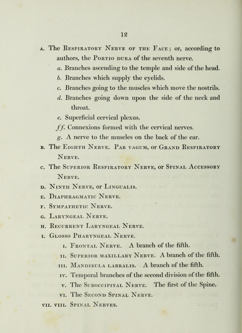 12 a. The Respiratory Nerve of the Face; or, according to authors, the Portio dura of the seventh nerve. a. Branches ascending to the temple and side of the head. b. Branches which supply the eyelids. c. Branches going to the muscles which move the nostrils. d. Branches going down upon the side of the neck and throat. e. Superficial cervical plexus. ff Connexions formed with the cervical nerves. g. A nerve to the muscles on the back of the ear. b. The Eighth Nerve. Par vagum, or Grand Respiratory Nerve. c. The Superior Respiratory Nerve, or Spinal Accessory Nerve. d. Ninth Nerve, or Lingualis. e. Diaphragmatic Nerve. f. Sympathetic Nerve. g. Laryngeal Nerve. h. Recurrent Laryngeal Nerve. i. Glosso Pharyngeal Nerve. i. Frontal Nerve. A branch of the fifth. ii. Superior maxillary Nerve. A branch of the fifth. hi. Mandieula labralis. A branch of the fifth. iv. Temporal branches of the second division of the fifth. v. The Suboccipital Nerve. The first of the Spine. vi. The Second Spinal Nerve,