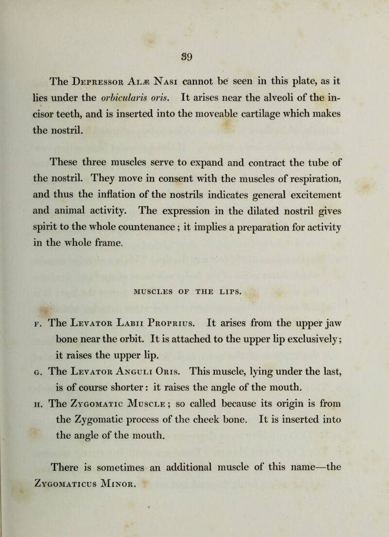 The Depressor Al.® Nasi cannot be seen in this plate, as it lies under the orbicularis oris. It arises near the alveoli of the in- cisor teeth, and is inserted into the moveable cartilage which makes the nostril. These three muscles serve to expand and contract the tube of the nostril. They move in consent with the muscles of respiration, and thus the inflation of the nostrils indicates general excitement and animal activity. The expression in the dilated nostril gives spirit to the whole countenance ; it implies a preparation for activity in the whole frame. MUSCLES OF THE LIPS. f. The Levator Labii Proprius. It arises from the upper jaw bone near the orbit. It is attached to the upper lip exclusively; it raises the upper lip. g. The Levator Anguli Oris. This muscle, lying under the last, is of course shorter: it raises the angle of the mouth. h. The Zygomatic Muscle ; so called because its origin is from the Zygomatic process of the cheek bone. It is inserted into the angle of the mouth. There is sometimes an additional muscle of this name—the Zygomaticus Minor.