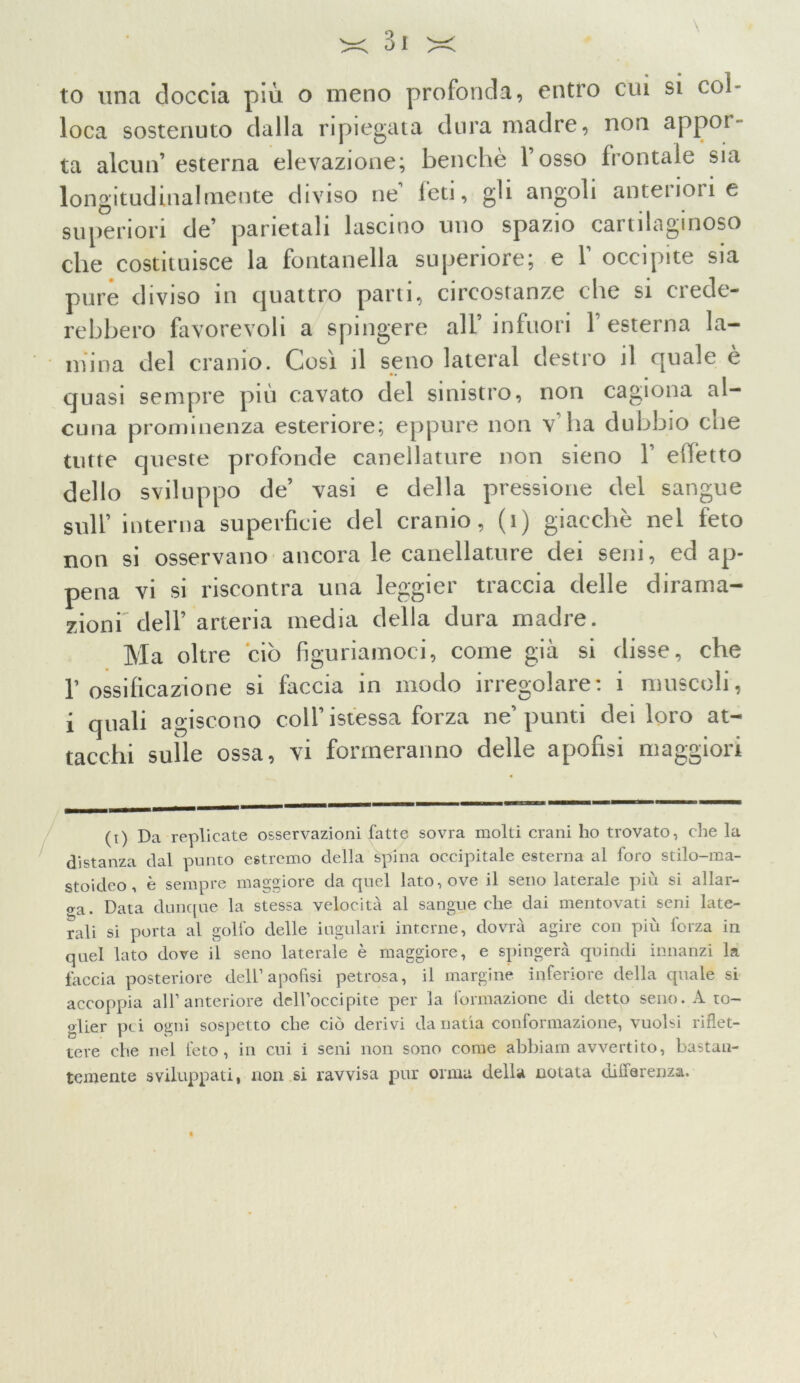 loca sostenuto dalla ripiegata dura madre, non appor- ta alcun’ esterna elevazione; benché l’osso frontale sia longitudinalmente diviso ne1 feti, gli angoli anteriori e superiori de’ parietali lascino uno spazio cartilaginoso che costituisce la fontanella superiore; e 1’ occipite sia pure diviso in ijuattro parti, circostanze che si crede- rebbero favorevoli a spingere all’infuori l’esterna la- mina del cranio. Così il seno lateral destro il quale è • • quasi sempre più cavato del sinistro, non cagiona al- cuna prominenza esteriore; eppure non v’ha dubbio che tutte queste profonde canellature non sieno 1’ elfetto dello sviluppo de’ vasi e della pressione del sangue sull’ interna superficie del cranio, (1) giacché nel feto non si osservano ancora le canellature dei seni, ed ap- pena vi si riscontra una leggier traccia delle dirama- zioni'dell’arteria media della dura madre. Ma oltre ciò figuriamoci, come già si disse, che l’ossificazione si faccia in modo irregolare: i muscoli, i quali agiscono coll’istessa forza ne’punti dei loro at- tacchi sulle ossa, vi formeranno delle apofisi maggiori (i) Da replicate osservazioni fatte sovra molti crani ho trovato, che la distanza dal punto estremo della spina occipitale esterna al foro stilo-ma- stoideo , è sempre maggiore da quel lato, ove il seno laterale più si allar- ga. Data dunque la stessa velocità al sangue che dai mentovati seni late- rali si porta al golfo delle iugulari interne, dovrà agire con più forza in quel lato dove il seno laterale è maggiore, e spingerà quindi innanzi la faccia posteriore dell1 apofisi petrosa, il margine inferiore della quale si accoppia all’anteriore dell’occipite per la formazione di detto seno. A to- glier pei ogni sospetto che ciò derivi da natia conformazione, vuoisi riflet- tere che nel loto, in etri i seni non sono come abbi am avvertito, bastan- temente sviluppati, non si ravvisa pur orma della notata differenza.