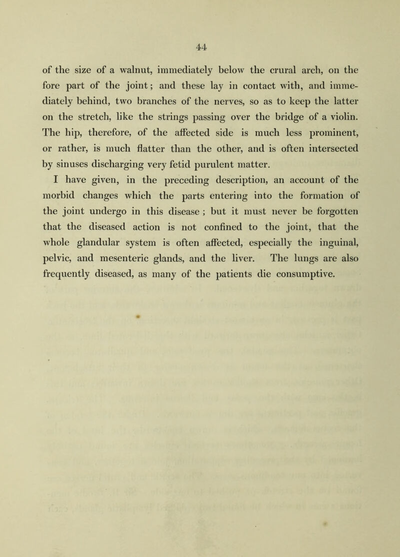 of the size of a walnut, immediately below the crural arch, on the fore part of the joint; and these lay in contact with, and imme- diately behind, two branches of the nerves, so as to keep the latter on the stretch, like the strings passing over the bridge of a violin. The hip, therefore, of the affected side is much less prominent, or rather, is much flatter than the other, and is often intersected by sinuses discharging very fetid purulent matter. I have given, in the preceding description, an account of the morbid changes which the parts entering into the formation of the joint undergo in this disease ; but it must never be forgotten that the diseased action is not confined to the joint, that the whole glandular system is often affected, especially the inguinal, pelvic, and mesenteric glands, and the liver. The lungs are also frequently diseased, as many of the patients die consumptive.