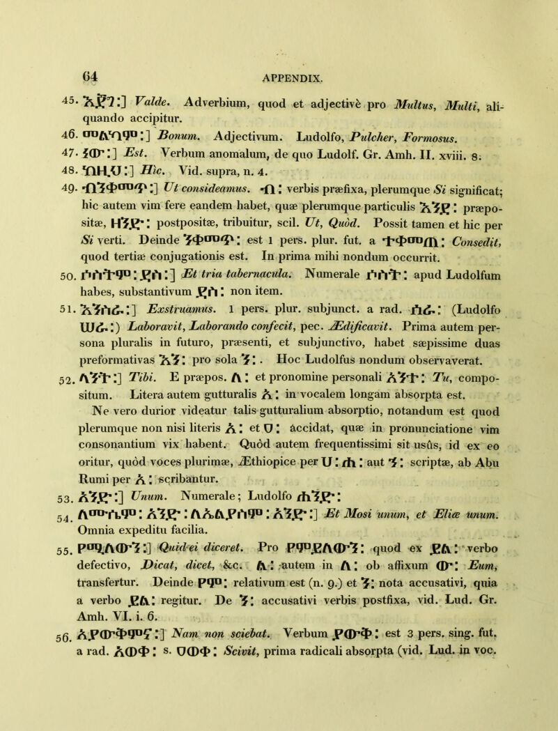 45. a£°2.] Valde. Adverbium, quod et adjective pro Multus, Multi, ali- quando accipitur. 46. ooftY^qu; ] Donum. Adjectivum. Ludolfo, Pulcher, Formosus. 47’ JQX1:] Est. Verbum anomalum, de quo Ludolf. Gr. Amh. II. xviii. 8; 48. Hie. Vid. supra, n. 4. 49. ■n'?cJ>iJO/jv \]Ut consideamus. -fl: verbis praefixa, pleruraque Si significat; hie autem vim fere eandem habet, quae plerumque particulis m. praepo- sitae, HTK: postpositae, tribuitur, scil. TJt, Quod. Possit tamen et hie per Si verti. Deinde ; est l pers. plur. fat. a Consedit, quod tertiae conjugationis est. In prima mihi nondum occurrit. 50. Et tria tabernacula. Numerale apud Ludolfum habes, substantivum £*: non item. 51. xSh6.:] Exstruamus. 1 pers. plur. subjunct. a rad. fi&. ] (Ludolfo UJ^:) Laboravit, Laborando confecit, pec. JEdificavit. Prima autem per- sona pluralis in futuro, praesenti, et subjunctivo, habet saepissime duas preformativas /vJ \ pro sola ^; . Hoc Ludolfus nondum observaverat. 52. A.'S'l’I] Tibi. Epraepos. AI et pronomine personali A^rP \ Tu, compo- situm. Litera autem gutturalis A \ in vocalem longam absorpta est. Ne vero durior videatur tabs gutturalium absorptio, notandum est quod plerumque non nisi literis AI et U ; accidat, quae in pronunciatione vim consonantium vix liabent. Qudd autem frequentissimi sit usfts, id ex eo oritur, qudd voces plurimae, iEthiopice per U ih I aut *£ ; scriptae, ab Abu Rumi per A scribantur. 53. Unum. Numerale; Ludolfo 54 AaD,l1l.QD! A1^ ! AAhJPfl?0 ! Al^1!] Et Mosi unum, et Elite unum. Omnia expeditu facilia. 55. P^A®1^!] Quid ei dicer et. Pro P^JKAdP^I quod ex jgA! verbo defectivo, Dicat, dicet, &c. A L-autem in AI ob affixum dp; Eum, transfertur. Deinde pqo; relativum est (n. 9.) et nota accusativi, quia a verbo J2AI regitur. De accusativi verbis postfixa, vid. Lud. Gr. Amh. VI. i. 6. 5g A^dP^^V.’] Nam non sciebat. Verbum JPdP^P.' est 3 pers. sing. fut.