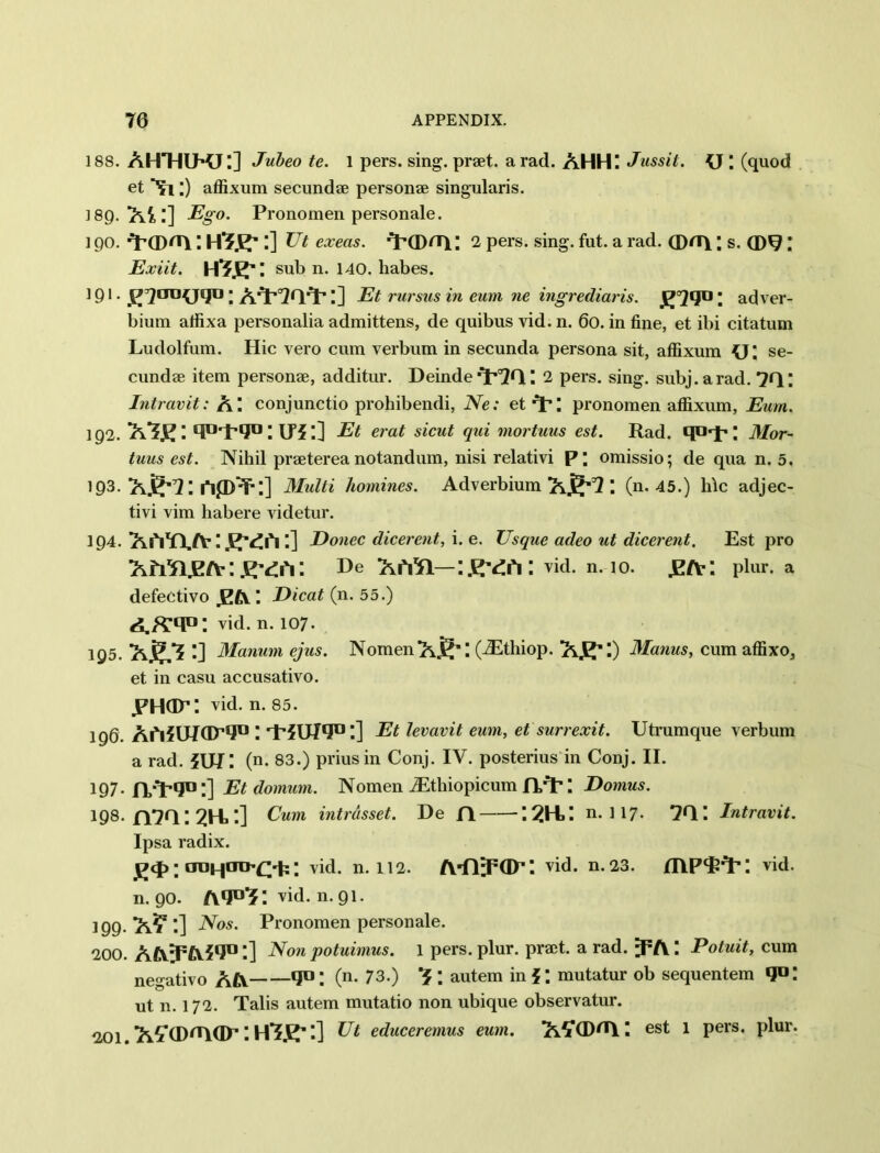 188. AHTIIMJ l] Jubeo te. 1 pers. sing, praet. a rad. AHH' Jussit. <J \ (quod et Nl;) affixum secundae personae singularis. 18Q. Ail] Ego. Pronomen personale. ] go. ■TCD'D; Hf.K’ l] Ut exeas. ^PCD/Tl: 2 pers. sing. fut. a rad. (D^A; s. Q)9 \ Exiit. H^jf: sub n. 140. habes. 191. g^auuqo : A^lQl11] Et rursus in eum ne ingrediaris. EW: adver- bium affixa personalia admittens, de quibus vid. n. 60. in fine, et ibi citatum Ludolfum. Hie vero cum verbum in secunda persona sit, affixum {j; se- cundae item personae, additur. Deinde I 2 pers. sing, subj.arad. 7Q; Intravit: AI conjunctio prohibendi, Ne: et T*: pronomen affixum, Eum. 1Q2. A’J.E'. Ifil] Et erat sicut qui mortuus est. Rad. qpT*; Mor- tuus est. Nihil praeterea notandum, nisi relativi p; omissio; de qua n. 5. 193. 'hgri : nppf-:] Multi homines. Adverbium 1 (n. 45.) hlc adjec- tivi vim habere videtur. 194. Aivn/v: '.] Donee dicerent, i. e. Usque adeo ut dicerent. Est pro AMlJEA: : De AhTL—I vid. n. 10. JE/V: plur. a defectivo £a: Dicat (n. 55.) q°: vid. n. 107- 195. AjJ,*? ’] Manum ejus. Nomen A S'! (iEthiop. AJE^I) Manus, cum affixo, et in casu accusativo. .phot: vid. n. 85. 196. AiMU/ar5J»: -P5UPia:] Et levavit eum, et surrexit. Utrumque verbum a rad. Z\JJ\ (n. 83.) priusin Conj. IV. posterius in Conj. II. 107- H;P(JD'.] Et domum. Nomen JEthiopicum fl/p: Domus. i08. n*?a:2H.:] Cum intrasset. De PI I^H>! n. 117. 7Q Intravit. Ipsa radix. ; ininiro-^'t;; vid. n. 112. vid. n. 23. fllP<P,?P: vid. n. 00. AQ0^: vid. n. 01. 100- A?:] Nos. Pronomen personale. 200. AA5FA5Q0:] Non potuimus. 1 pers. plur. pract. a rad. ;fA: Potuit, cum negativo AA *1° I (n- 73.) *5 \ autem in {; mutatur ob sequentem *ju; ut n. 172. Tabs autem mutatio non ubique observatur. 201. A£(D'nar:H’?£':] Ut educeremus eum. A£d)ni: est 1 pers. plur.