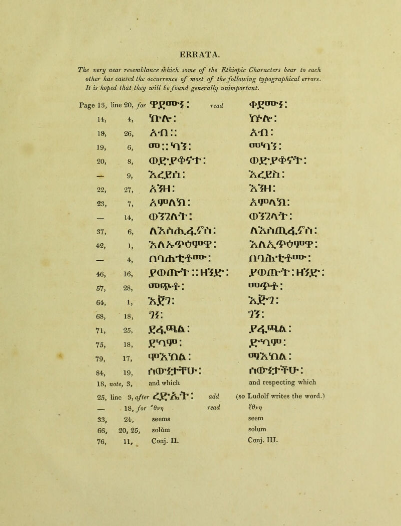 The very near resemblance which some of the Ethiopic Characters hear to each other has caused the occurrence of most of the following typographical errors. It is hoped that they will be found generally unimportant. 13, line 20, for \ read 14, 4, Yf'fx-: 19, 26, A-n:: A-n: 19, 6, «ro::*aS: ; 20, 8, (D£\p<t>£Y: — 9, Ad£fi: 22, 27, ash: ash: 23, 7, a^asi: a^asi: — 14, (DS2AY: (DS2AY: 37, 6, AAh/h.4^: AAAm.4,£°A: 42, 1, A/VA'FO^T: A AA/POY^P: — 4, na/hW00': aaitit:^aD’: 46, 16, .pa>m-Y::HS£-: : hS£' : 57, 28, nm,^; tro^^.; 64, 1, TxgT. AS-*?: 68, 18, °ii: °?S: 71, 25, jp^^a: 75, 18, £vvju : ; 79, 17, q°AYi a: °4AY1A: 84, 19, rui>S:RTi>: ri(iT?Y'T'i>: 18, note, 3, and which and respecting which 25, line 3, afte r £.l*A/Y : add (so Ludolf writes the word.) — 18, for Qvn read edvr] 33, 24, seems seem 66, 20, 25, soliim solum 76, Conj. II. Conj. III.