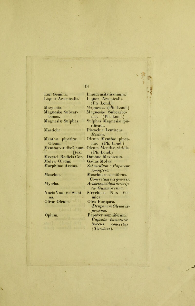 JLiui Semina. Liquor Arsenicalis. Magnesia. Magnesiae Subcar- bonas. Magnesiae Sulphas. Mastiche. Menthae piperitae Oleum. Menthae viridis Oleum [tex. Mezerei Radicis Cor- Molvae Oleum. Morphinae Acetas. Moschus. Myrrha. Nucis Vomicae Semi- na. Olivae Oleum. Opium. Linum usitatissimum. Liquor Arsenicalis. (Ph. Lond.) Magnesia. (Ph. Lond.) Magnesiae Subcarbo- nas. (Ph. Lond.) Sulphas Magnesiae pu- rificata. Pistachia Lentiscus. Resina. Oleum Menthae piper- itae. (Ph. Lond.) Oleum Menthae viridis. (Ph. Lond.) Daphne Mezereum, Gadus Molva. Sal medium e Papavexc somnifero. Moschus mosehiferus. Concretum sui generis. Arboris nondum descrip- tus Gummi-resina. Strychnos Nux Vo- mica. Olea Europaea. Druparum O/eum ex- pressum. Papaver somniferum. Capsulae immaturae Succus concretus ( Turcicus).