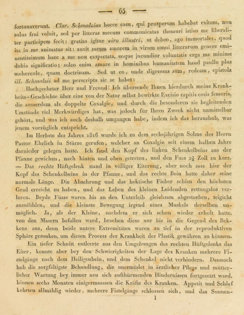 fortunaverunt. Clctr. Sclimalzius liocce casu, qui prosperum habebat exitum, non solus frui voluit, sed per litteras mccum communicatas thesauri istius me libera i- ter participem fecit: gratias igitur piro illustri, ut debeo, ago immoitales, J ita in me animatus sit: auxit mep amorem in virum omni litterarum genere emi- nentissimum liaec a me non exspectata, eoque jucundior voluntatis erga me minime dubia significatio; soleo enim amare in hominibus humanitatem haud paullo plus mehercule, quam doctrinam. Sed ut eo, unde digressus sum, redeam, epistola HI. Schmalsii ad me perscripta sic se habet: Ilochgeehrter Herr und Freund! Icli iibersende Ihnen hierdurcli meine Krank- heils - Geschiclite uber eine von der Natur selbst bewirkte Excisio capitis ossis femoris, die ausserdem ais doppelte Coxalgic, und durcli die besonderen sie begleitenden E instande viel Merkwurdiges hat, was jedoch fiir Ihren Zweck nicht unmittelbar gehort, und was ieh aucli deshalb umgangen habe, indem ich das lieraushob, was jenem vorzuglicli cntspricht. Im Ilerbste des Jahrcs 1816 wurde ich zu dem seclisjahrigen Soline des Hcrrn f Pastor Ehrlich in Stiirzc gerufen, welcher an Coxalgie scit eiiiein halben Jahre darnieder gelegen liatte. Ich fand den Kopf des linken Sclienkelbeins aus der Pfanne gcwichen, nach hinten und oben getreten, und den Fuss 2^ Zoll zu kurz. — Das redite Huftgelenk stand in volliger Eiterung, aber nocli sass hier der Kopf des Sclienkelbeins in der Pfanne, und das reelite Bein liatte daher seine normale Lange. Die Abzelirung und das hektisclie Fieber scliien den hochsten Grad erreicht zu liabcn, und das Lefien des kleinen Leidenden reltungslos ver- loren. Beyde Fiisse waren bis an den Unterleib gleiehsam abgestorben, teigicht anzufiililen, und die kleinste Bewegung irgend eines Muskels derselben un- moglich. Ja, ais der Kleine, naclidem er sicli sclion wieder crliolt liatte, von den Mascrn befallen ward, brachcn diese nur bis in die Gegend des Bek- kens aus, denn beide untere Extremitaten waren zu tief in der rcproduktiven Sphare gesunken, um diesen Process der Krankheit der Plastik gewaliren zu kdnnen. Ein tiefer Schnitt entleerte aus den Umgebungen des recliten Iliiftgelenks das Eiter, konnte aber bcy den Scliwierigkeiten der Lage des Krankcn mehrere Fi- stelgange nach dem Heiligenbein, und dem Schenkel nicht verhindern. Dennoch hob dic sorgfiilligste Behandlung, die unermudet in arztlichcr Pflege und miitter- licher Wartung bey immer neu sicli aufthurmenden Hindernissen forlgesetzt ward, binnen seclis Monatcn einigermaassen die Kriifte des Kranken. Appetit und Sclilaf kehrten allmahlig wieder, mehrere Fistelgiinge schlossen sicli, und das Sonnen-