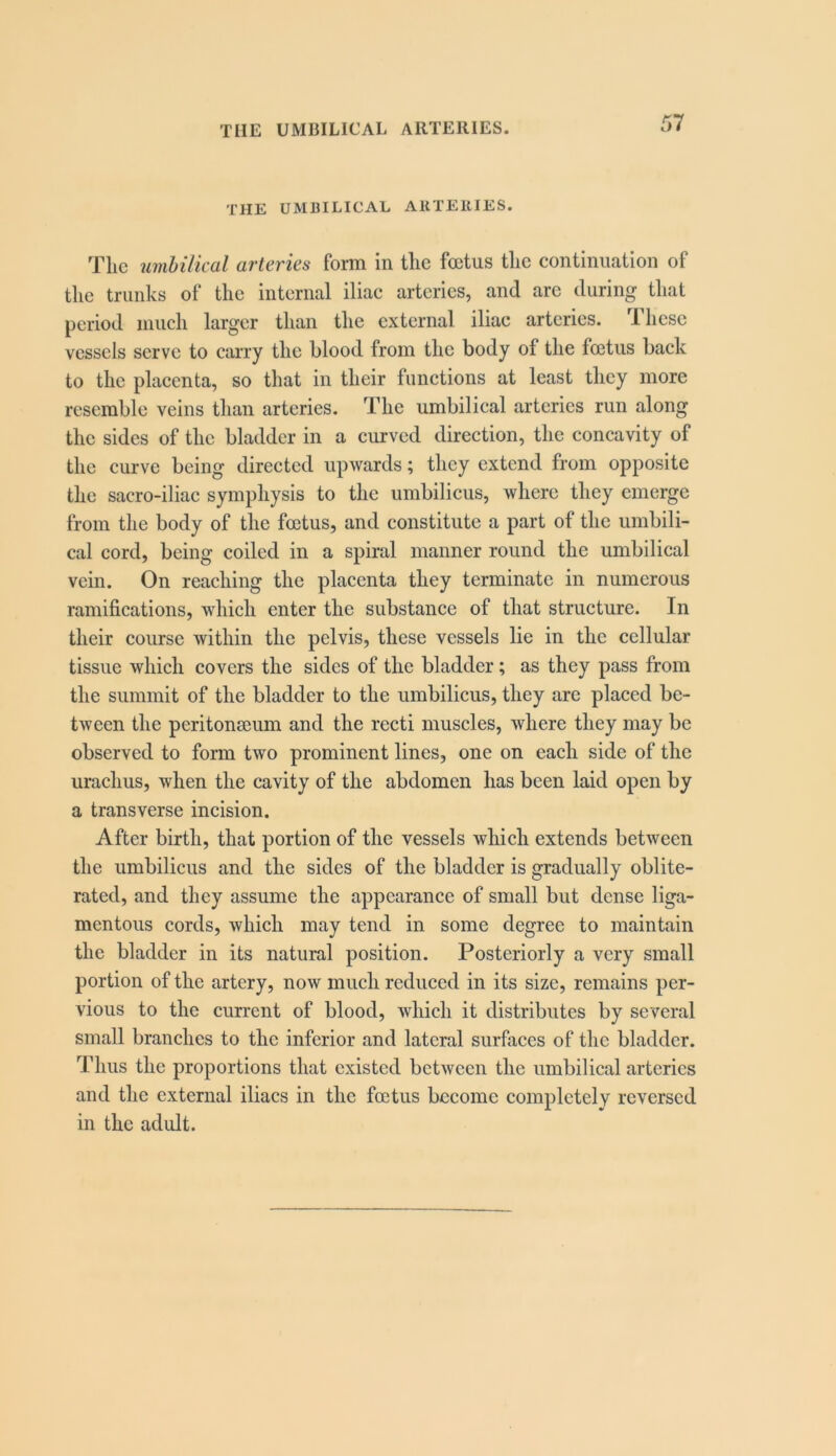 THE UMBILICAL ARTERIES. THE UMBILICAL ARTEIIIES. The umbilical arteries form in tlie foetus tlie continuation of the trunks of the internal iliac arteries, and arc during that period much larger than the external iliac arteries. These vessels serve to carry the blood from the body of the foetus back to the placenta, so that in their functions at least they more resemble veins than arteries. The umbilical arteries run along the sides of the bladder in a curved direction, the concavity of the curve being directed upwards; they extend from opposite the sacro-iliac symphysis to the umbilicus, where they emerge from the body of the footus, and constitute a part of the umbili- cal cord, being coiled in a spiral manner round the umbilical vein. On reaching the placenta they terminate in numerous ramifications, which enter the substance of that structure. In their course within the pelvis, these vessels lie in the cellular tissue which covers the sides of the bladder; as they pass from the summit of the bladder to the umbilicus, they arc placed be- tween the peritonaeum and the recti muscles, where they may be observed to form two prominent lines, one on each side of the urachus, when the cavity of the abdomen has been laid open by a transverse incision. After birth, that portion of the vessels which extends between the umbilicus and the sides of the bladder is gradually oblite- rated, and they assume the appearance of small but dense liga- mentous cords, which may tend in some degree to maintain the bladder in its natural position. Posteriorly a very small portion of the artery, now much reduced in its size, remains per- vious to the current of blood, which it distributes by several small branches to the inferior and lateral surfaces of the bladder. Thus the proportions that existed between the umbilical arteries and the external iliacs in the feetus become completely reversed in the adult.