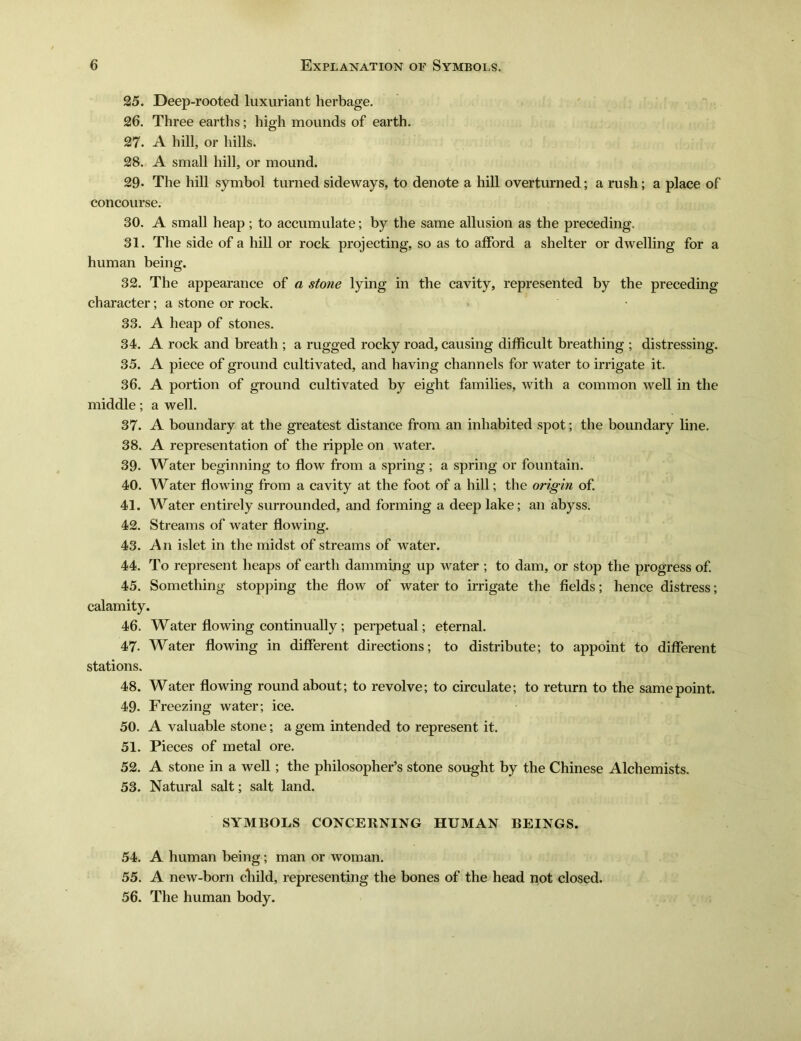 25. Deep-rooted luxuriant herbage. 26. Three earths; high mounds of earth. 27. A hill, or hills. 28. A small hill, or mound. 29- The hill symbol turned sideways, to denote a hill overturned; a rush; a place of concourse. 30. A small heap; to accumulate; by the same allusion as the preceding. 31. The side of a hill or rock projecting, so as to afford a shelter or dwelling for a human being. 32. The appearance of a Wowe lying' in the cavity，represented by the preceding character; a stone or rock. ， • 33. A heap of stones. 34. A rock and breath ; a rugged rocky road, causing difficult breathing ; distressing. 35. A piece of ground cultivated, and having channels for water to irrigate it. 36. A portion of ground cultivated by eight families, with a common well in the middle; a well. 37. A boundary at the greatest distance from an inhabited spot; the boundary line. 38. A representation of the ripple on water. 39- Water beginning to flow from a spring; a spring or fountain. 40. Water flowing from a cavity at the foot of a hill; the origin of. 41. Water entirely surrounded, and forming a deep lake; an abyss. 42. Streams of water flowing. 43. An islet in the midst of streams of water. 44. To represent heaps of earth dammijig up water ; to dam, or stop the progress of. 45. Something stopping the flow of water to irrigate the fields; hence distress; calamity. 46. Water flowing continually; perpetual; eternal. 47- Water flowing in different directions; to distribute; to appoint to different stations. 48. Water flowing round about; to revolve; to circulate; to return to the same point. 49. Freezing water; ice. 50. A valuable stone; a gem intended to represent it. 51. Pieces of metal ore. 52. A stone in a well; the philosophers stone sought by the Chinese Alchemists. 53. Natural salt; salt land. SYMBOLS CONCERNING HUMAN BEINGS. 54. A human being; man or woman. 55. A new-born cliild, representing the bones of the head not closed. 56. The human body.