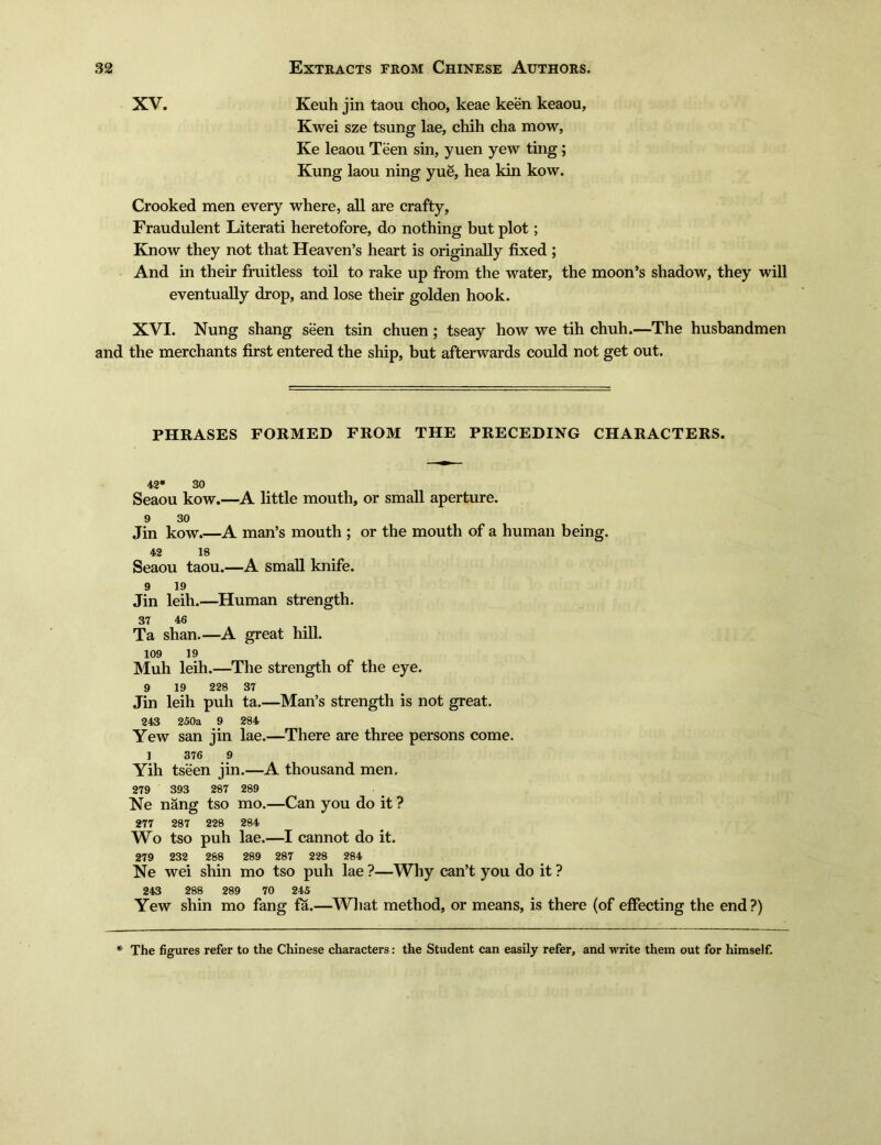 XV. Keuh jin taou choo, keae keen keaou, Kwei sze tsung lae, chih cha mow, Ke leaou Teen sin, yuen yew ting; Kung laou ning yue, hea kin kow. Crooked men every where, all are crafty. Fraudulent Literati heretofore, do nothing but plot; Know they not that Heaven’s heart is originally fixed ; And in their fruitless toil to rake up from the water, the moon^ shadow, they will eventually drop, and lose their golden hook. XVI. Nung shang seen tsin chuen; tseay how we tih chuh.一The husbandmen and the merchants first entered the ship, but afterwards could not get out. PHRASES FORMED FROM THE PRECEDING CHARACTERS. 42« 30 Seaou kow.一A little mouth, or small aperture. 9 30 Jin kow.一A man’s mouth ; or the mouth of a human being. 42 18 _ Seaou taou.—A small knife. 9 19 Jin leih.—Human strength. 37 46 # Ta shan. 一A great hill. 109 19 Muh leih.—The strength of the eye. 9 19 228 37 Jin leih puh ta.一Man’s strength is not great. 243 250a 9 284 Yew san jin lae.—There are three persons come. ] 376 9 Yih tseen jin.一A thousand men. 279 393 287 289 _ Ne nang tso mo.—Can you do it ? 277 287 228 284 Wo tso puh lae.一I cannot do it. 279 232 268 289 287 228 284 Ne wei shin mo tso puh lae?—Why can’t you do it? 243 288 289 70 245 Yew shin mo fang fa. —Wliat method, or means, is there (of effecting the end ?) * The figures refer to the Chinese characters: the Student can easily refer, and write them out for himself.