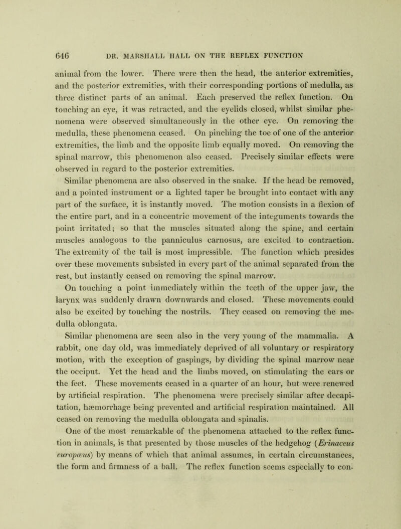 animal from the lower. There were then the head, the anterior extremities, and the posterior extremities, with their corresponding portions of medulla, as three distinct parts of an animal. Each preserved the reflex function. On touching an eye, it was retracted, and the eyelids closed, whilst similar phe- nomena were observed simultaneously in the other eye. On removing the medulla, these phenomena ceased. On pinching the toe of one of the anterior extremities, the limb and the opposite limb equally moved. On removing the spinal marrow, this phenomenon also ceased. Precisely similar effects were observed in regard to the posterior extremities. Similar phenomena are also observed in the snake. If the head be removed, and a pointed instrument or a lighted taper be brought into contact with any part of the surface, it is instantly moved. The motion consists in a flexion of the entire part, and in a concentric movement of the integuments towards the point irritated; so that the muscles situated along the spine, and certain muscles analogous to the panniculus carnosus, are excited to contraction. The extremity of the tail is most impressible. The function which presides over these movements subsisted in every part of the animal separated from the rest, but instantly ceased on removing the spinal marrow. On touching a point immediately within the teeth of the upper jaw, the larynx was suddenly drawn downwards and closed. These movements could also be excited by touching the nostrils. They ceased on removing the me- dulla oblongata. Similar phenomena are seen also in the very young of the mammalia. A rabbit, one day old, was immediately deprived of all voluntary or respiratory motion, with the exception of gaspings, by dividing the spinal marrow near the occiput. Yet the head and the limbs moved, on stimulating the ears or the feet. These movements ceased in a quarter of an hour, but were renewed by artificial respiration. The phenomena were precisely similar after decapi- tation, haemorrhage being prevented and artificial respiration maintained. All ceased on removing the medulla oblongata and spinalis. One of the most remarkable of the phenomena attached to the reflex func- tion in animals, is that presented by those muscles of the hedgehog {Erinaceus europccjts) by means of which that animal assumes, in certain circumstances, the form and firmness of a ball. The reflex function seems especially to con-
