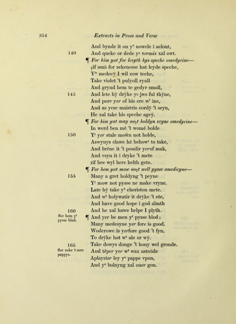 140 145 150 155 160 ffor hem yt pysse blod. 165 ffor seke K sore pappys. And bynde it on ye nowele i aclout, And queke or dede ye vermis xal owt. For him yat for lesyth hys speche amedycine— 5if ama for sekenesse hat leyde speche, YIS medecy I wil zow teche, Take violet T pulyoll ryall And grynd hem te gedyr small, And lete hy dryke ye jws ful th5me, And pore yer of his ere w* ine, And as yese maistris cordy T seyn. He xal take his speche agey. % For him yat may no^t holdyn vryne amedycine— In werd ben me T wome bolde Y* yer stale mown not liolde, Aswynys clawe he beliow1 to take, And brene it T poudir yerof mak, And vsyn it i dryke T mete 3if hee wyl here helth gete. •f[ For hem yat mow no^t well pysse amedicyne— Many a gret holdyng T peyne Y4 mow not pysse ne make vryne. Late hy take ye cheriston mete. And wl holywatir it dryke T ete. And have good hope I god almth And he xal hawe helpe I plyth. And yer be men y* pysse blod ; Many medesyne yer fore is good. Woderowe is yerfore good T fyn, To dryke hot w* ale or wy. Take dowys donge T hony wel gronde. And teper yer w* wax astoude Aplayster ley ye pappe vpon, And ye bolnyng xal ouer gon.