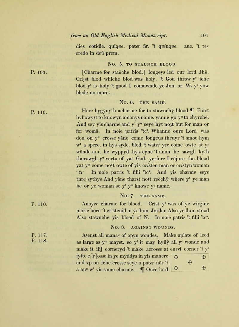 P. 103. P. 110. P. 110. P. 117- P. 118. dies cotidie. quiqwe. pater nr. T: qm'nqwe. aue. T: ter credo in deu prem, No. 5. TO STAUNCH BLOOD. [Charme for stauche blod.] longeys led our lord Jhu. Crijst blod whiche blod was holy. T: God throw y4 iche blod y4 is holy T: good I comawnde ye Jon. or. W. y4 yow blede no more. No. 6. THE SAME. Here bygynyth acharme for to stawnchy blood Furst byhowy3t to knowyn amanys name, yanne go yu to chyrche. And sey yis charme and y4 yu seye hyt no3t but for man or for woma. In noie patris T;ca. Whanne oure Lord was don on ye crosse yane come longeus thedyr T; smot hym w4 a spere. in hys syde. blod T; water yer come owte at ye wonde and he wyppyd hys eyne T; anon he sawgh kyth thorowgh ye vertu of yat God. yerfore I cojure the blood yat yu come no3t owte of yis cn'sten man or cn'styn woman • n * In noie patris T; filii T;ca. And yis charme seye thre sythys And yane tharst no3t recchy where y4 ye man be or ye woman so y4 yu knowe ye name. No. 7- the same. Anoyer charme for blood. Crist y4 was of ye wirgine marie born T; cristenid in ye flum Jordan Also ye flum stood Also stawnche yis blood of N. In noie patris T; filii T;ca. No. 8. AGAINST WOUNDS. A3enst all maner of opyn wondes. Make aplate of leed as large as yu mayst. so y4 it may hylly all ye wonde and make it iiij corneryd T: make acrosse at eum corner “t ye fyfte c [r] osse in ye myddys in yis manere and vp on iche crosse seye a pater nor T; a aue w4 yis same charme. Oure lord * *