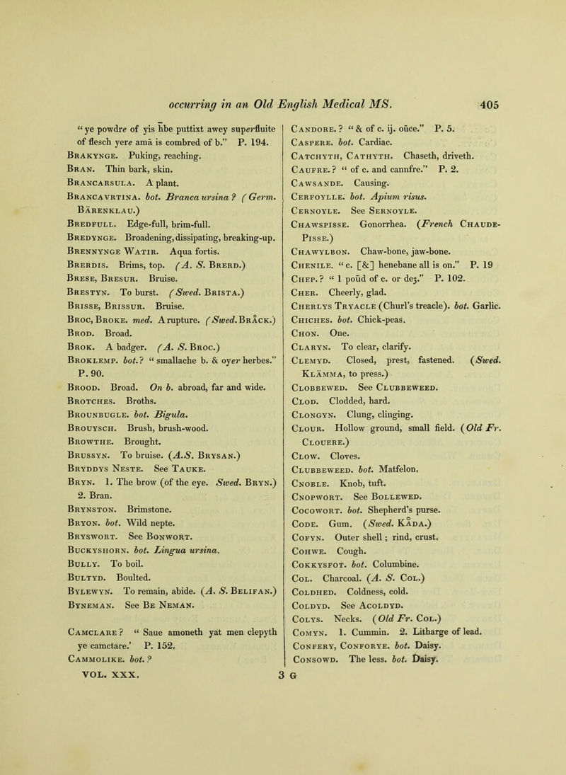 “ ye powdre of yis hbe puttixt awey superfluite of flesch yere ama is combred of b.” P. 194. Brakynge. Puking, reaching. Bran. Thin bark, skin. Brancarsula. A plant. Brancavrtina. bot. Branca ursina ? (Germ. Barenklau.) Bredfull. Edge-full, brim-full. Bredynge. Broadening,dissipating, breaking-up. Brennynge Watir. Aqua fortis. Brerdis. Brims, top. (A. S. Brerd.) Brese, Bresur. Bruise. Brestyn. To burst. (Swed. Brista.) Brisse, Brissur. Bruise. Broc, Broke, med. Arupture. (Swed.Brack.) Brod. Broad. Brok. A badger. (A. S. Broc.) Broklemp. hot. ? “ smallache b. & oyer herbes.” P.90. Brood. Broad. On b. abroad, far and wide. Brotches. Broths. Brounbugle. hot. Bigula. Brouysch. Brush, brush-wood. Browthe. Brought. Brussyn. To bruise. (A.S. Brysan.) Bryddys Neste. See Tauke. Bryn. 1. The brow (of the eye. Swed. Bryn.) 2. Bran. Brynston. Brimstone. Bryon. hot. Wild nepte. Bryswort. See Bonwort. Buckyshorn. hot. Lingua ursina. Bully. To boil. Bultyd. Boulted. Bylewyn. To remain, abide. (A. S. Belifan.) Byneman. See Be Neman. Camclare ? “ Saue amoneth yat men clepyth ye camctare.’ P. 152, Cammolike. hot. ? Candore. ? “ & of c. ij. ouce.” P. 5. Caspere. hot. Cardiac. Catchyth, Cathyth. Chaseth, driveth. Caufre. ? “ of c. and cannfre.” P. 2. Cawsande. Causing. Cerfoylle. hot. Apium risus. Cernoyle. See Sernoyle. Chawspisse. Gonorrhea. (French Chaude- Pisse.) Chawylbon. Chaw-bone, jaw-bone. Chenxle. “ c. [&] henebane all is on.” P. 19 Chep. ? “ 1 poud of c. or dej.” P. 102. Cher. Cheerly, glad. Cherlys Tryacle (Churl’s treacle), hot. Garlic. Chiches. hot. Chick-peas. Chon. One. Claryn. To clear, clarify. Clemyd. Closed, prest, fastened. (Swed. Klamma, to press.) Clobbewed. See Clubbeweed. Clod. Clodded, hard. Clongyn. Clung, clinging. Clour. Hollow ground, small field. (Old Fr. Clouere.) Clow. Cloves. Clubbeweed. hot. Matfelon, Cnoble. Knob, tuft. Cnopwort. See Bollewed. Cocowort. hot. Shepherd’s purse. Code. Gum. (Swed. Kada.) Cofyn. Outer shell; rind, crust, Cohwe. Cough. Cokkysfot. hot. Columbine. Col. Charcoal. (A. S. Col.) Coldhed. Coldness, cold. Coldyd. See Acoldyd. Colys. Necks. (Old Fr. Col.) Comyn. 1. Cummin. 2. Litharge of lead. Confery, Conforye. bot. Daisy. Consowd. The less. bot. Daisy. 3 G VOL. XXX.