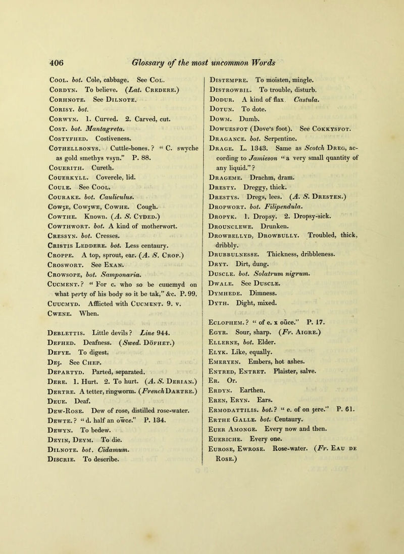 Cool. bot. Cole, cabbage. See Col. Cordyn. To believe. (Lat. Credere.) Corhnote. See Dilnote. Corisy. bot. Corwyn. 1. Curved. 2. Carved, cut. Cost. bot. Mantagreta. Costyfhed. Costiveness. Cothellbonys. Cuttle-bones. ? “ C. swyche as gold smethys vsyn.” P. 88. Couerith. Cureth. Couerkyll. Covercle, lid. Coule. See Cool. Courake. bot. Cauliculus. C0W3E, C0W3WE, Cowhe. Cough. Cowthe. Known. (A. S. Cyded.) Cowthwort. bot. A kind of motherwort. Cressyn. bot. Cresses. Cristis Leddere. bot. Less centaury. Croppe. A top, sprout, ear. (A. S. Crop.) Croswort. See Exan. Crowsope, bot. Samponaria. Cucment. ? “ For c. who so be cuucmyd on what perty of his body so it be tak,” &c. P. 99. Cuucmyd. Afflicted with Cucment. 9. v. Cwene. When. Deblettis. Little devils ? Line 944. Defhed. Deafness. (Swed. Dofhet.) Defye. To digest. DE3. See Chep. Departyd. Parted, separated. Dere. 1. Hurt. 2. To hurt. (A. S. Derian.) Dertre. A tetter, ringworm. (FrenchDartre.) Deue. Deaf. Dew-Rose. Dew of rose, distilled rose-water. Dewte. ? “ d. half an owce.” P. 134. Dewyn. To bedew. Deyin, Deym. To die. Dilnote. bot. Cidamum. Discrie. To describe. Distempre. To moisten, mingle. Distrowbil. To trouble, disturb. Dodur. A kind of flax. Castula. Dotun. To dote. Dowm. Dumb. Dowuesfot (Dove’s foot). See Cokkysfot. Dragance. bot. Serpentine. Drage. L. 1343. Same as Scotch Dreg, ac- cording to Jamieson “ a very small quantity of any liquid.” ? Drageme. Drachm, dram. Dresty. Dreggy, thick. Drestys. Dregs, lees. (A. S. Dresten.) Dropwort. bot. Filipendula. Dropyk. 1. Dropsy. 2. Dropsy-sick. Drounclewe. Drunken. Drowbellyd, Drowbully. Troubled, thick, dribbly. Drubbulnesse. Thickness, dribbleness. Dryt. Dirt, dung. Duscle, bot. Solatrum nigrum. Dwale. See Duscle. Dymhede. Dimness. Dyth. Dight, mixed. Eclophem. ? “ of e. x ouce.” P. 17. Egyr. Sour, sharp. (Fr. Aigre.) Ellerne, bot. Elder. Elyk. Like, equally. Emeryen. Embers, hot ashes. Entred, Entret. Plaister, salve. Er. Or. Erdyn. Earthen. Eren, Eryn. Ears. Ermodattilis. bot. ? “ e. of on 3ere.” P. 61. Erthe Galle. bot. Centaury. Euer Amonge. Every now and then. Eueriche. Every one. Eurose, Ewrose. Rose-water. (Fr. Eau de Rose.)