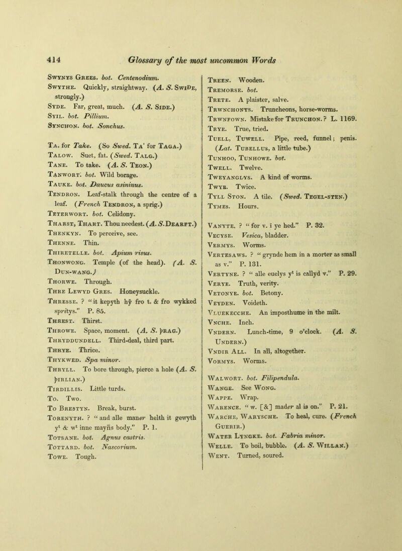 Swynys Grees. but. Centenodium. Swythe. Quickly, straightway. (A. S. SwiDe, strongly.) Syde. Far, great, much. (A. S. Side.) Syil. but. Pillium. Synchon. but. Sonchus. Ta. for Take. (So Swed. Ta’ for Taga.) Talow. Suet, fat. (Swed. Talg.) Tane. To take. (A. S. Teon.) Tanwort: bot. Wild borage. Tauke. but. Daucus asininus. Tendron. Leaf-stalk through the centre of a leaf. (French Tendron, a sprig.) Teterwort. bot. Celidony. Tharst, Thart. Thouneedest. (A. jS'.Dearft.) Thenkyn. To perceive, see. Thenne. Thin. Thiretelle. bot. Apium risus. Thonwong. Temple (of the head). (A. S. Dun-wang .) Thor we. Through. Thre Lewyd Gres. Honeysuckle. Thresse. ? “it kepyth hy fro t. & fro wykked sprj'tys.” P. 85. Threst. Thirst. Throwe. Space, moment. (A. S. Jjrag.) Thryddundell. Third-deal, third part. Thrye. Thrice. Thykwed. Spa minor. Thryll. To bore through, pierce a hole (A. S. }>irlian.) Tirdillis. Little turds. To. Two. To Brestyn. Break, burst. Torenyth. ? “ and alle man<?r helth it gewyth yt & w‘ inne mayns body.” P. 1. Totsane. bot. Agnus castris. Tottard. bot. Nascorium. Towe. Tough. Treen. Wooden. Tremorse. bot. Trete. A plaister, salve. Trwnchonys. Truncheons, horse-worms. Trwnfown. Mistake for Trunchon. ? L. 1169. Trye. True, tried. Tuell, Tuwell. Pipe, reed, funnel; penis. (Lat. Tubellus, a little tube.) Tunhoo, Tunhowe. bot. Twell. Twelve. Tweyanglys. A kind of worms. Twye. Twice. Tyll Ston. A tile. (Swed. Tegel-sten.) Tymes. Hours. Vanyte. ? “ for v. i ye hed.” P. 32. Vecyse. Vesica, bladder. Vermys. Worms. Vertesaws. ? “ grynde hem in a morter as small as v.” P. 131. Vertyne. ? “ alle euelys y* is callyd v.” P. 29. Verye. Truth, verity. Vetonye. bot. Betony. Veyden. Voideth. Vluekecche. An imposthume in the milt. Vnche. Inch. Vndern. Lunch-time, 9 o’clock. (A. S. Undern.) Vndir All. In all, altogether. Vormys. Worms. Walwort. bot. Filipendula. Wange. See Wong. Wappe. Wrap. Warence. “ w. [&] mad^p al is on.” P. 21. Warche, Warysche. To heal, cure. (French Guerir.) Water Lyngke. bot. Fabria minor. Welle. To boil, bubble. (A. S. Willan.) Went. Turned, soured.