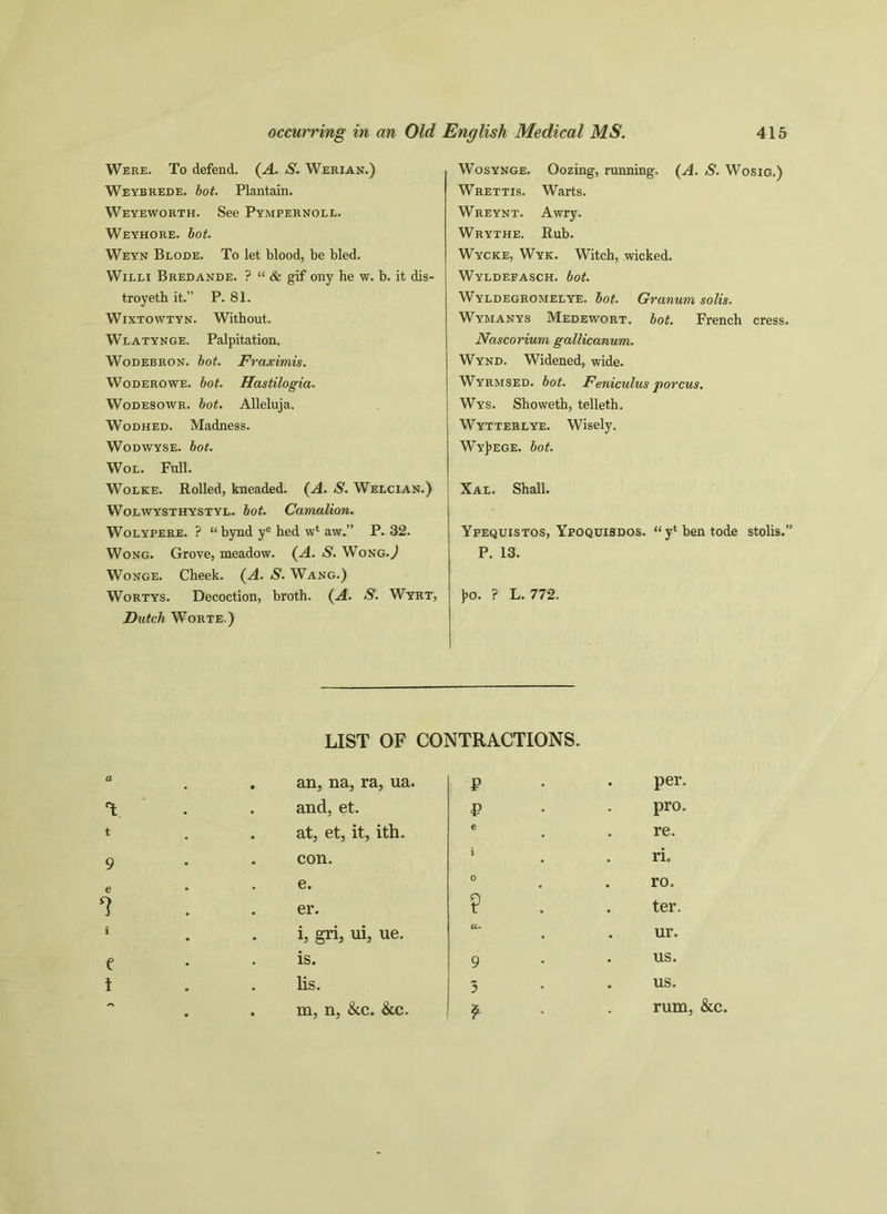 Were. To defend. (A. S. Werian.) Weybrede. bot. Plantain. Weyeworth. See Pympernoll. Weyhore. bot. Weyn Blode. To let blood, be bled. Willi Bredande. ? “ & gif ony he w. b. it dis- troyeth it.” P. 81. Wixtowtyn. Without. Wlatynge. Palpitation. Wodebron. bot. Fraximis. Woderowe. bot. Hastilogia. Wodesowr. bot. Alleluja. Wodhed. Madness. Wodwyse. bot. Wol. Full. Wolke. Rolled, kneaded. (A. S. Welcian.) Wolwysthystyl. bot. Camalion. Wolypere. ? “bynd ye hed w4 aw.” P. 32. Wong. Grove, meadow. (A. S. Wong.) Wonge. Cheek. (A. S. Wang.) Wortys. Decoction, broth. (A. S. Wyrt, Dutch Worte.) Wosynge. Oozing, running. (A. S. Wosig.) Wrettis. Warts. Wreynt. Awry. Wrythe. Rub. Wycke, Wyk. Witch, wicked. Wyldefasch. bot. Wyldegromelye. bot. Granurn solis. Wymanys Medewort. bot. French cress. JVascorium gallicanum. Wynd. Widened, wide. Wyrmsed. bot. Feniculus porcus. Wys. Showeth, telleth. Wytterlye. Wisely. WyJjege. bot. Xal. Shall. Ypequistos, Ypoquisdos. “y4bentode stolis.” P. 13. Jjo. ? L. 772. LIST OF CONTRACTIONS. a an, na, ra, ua. P per. T. and, et. P pro. t at, et, it, ith. e re. 9 con. i ri. e e. 0 . ro. 1 er. ? ter. i i, gri, ui, ue. cu ur. e is. 9 us. i lis. 5 us. m, n, &c. &c. ? rum, &c