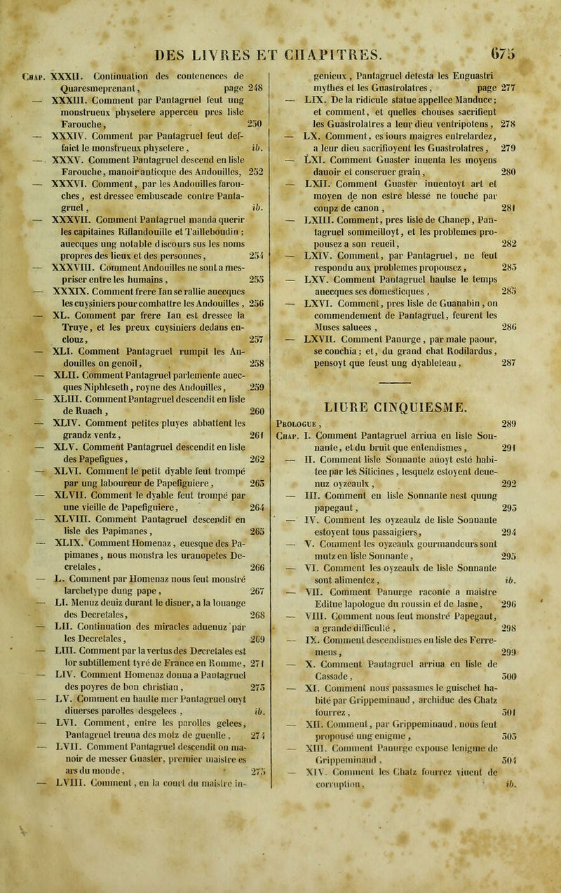 Ch,vi\ XXXII. Continuation tles contenences de Quares méprenant, page 248 XXXIII. Comment par Pantagruel l'eut ung monstrueux physetere apperceu près lisle Farouche, 250 XXXIV. Comment par Pantagruel feut def- faict le monstrueux physetere, ib. XXXV. Comment Pantagruel descend en lisle Farouche, manoiranticque des Andouilles, 252 XXXVI. Comment, par les Andouilles farou- ches , est dressee embuscade contre Panta- gruel , ib. XXXVII. Commeui Pantagruel manda quérir les capitaines Riflandouille et Taillehoudin ; auecques ung notable discours sus les noms propres des lieux et des personnes, 254 XXXVIU. Comment Andouilles ne sont a mes- priser entre les humains , 255 XXXIX. Comment frere Ian se rallie auecques les cuysiniers pour combattre les Andouilles , 256 XL. Comment par frere Ian est dressee la Truye, et les preux cuysiniers dedans en- clouz, 257 XLI. Comment Pantagruel rumpit les An- douilles on genoil, 258 XLII. Comment Pantagruel parlemente auec- ques Nipbleseth, royne des Andouilles, .259 XLIII. Comment Pantagruel descendit en lisle de Ruach, 260 XLIV. Comment petites pluyes ahhattent les grandzventz, 261 XLV. Comment Pantagruel descendit en lisle des Papefigues, 262 XLVI. Comment le petit dyable feut trompé par ung laboureur de PapeDguiere, 265 XLVII. Comment le dyable feut trompé par une vieille de Papefiguiere, 264 XLVIII. Comment Pantagruel descendit en lisle des Papimanes, 265 XLIX. Comment Ilomenaz, euesque des Pa- pimanes , nous monstra les urauopetes Dé- crétâtes , 266 L. Comment par Ilomenaz nous feut monstre larchetype dung pape, 267 LT. Menuz deuîz durant 1e disuer, a la louange des Décrétâtes, 268 LU. Continuation des miracles aduenuz par tes Décrétâtes, 269 LIII. Comment par la vertus des Décrétâtes est lor subtillement tyré de France en Romme, 271 LIV. Comment Ilomenaz donna a Pantagruel des poyres de bon Christian, 275 LV. Comment en haulte mer Pantagruel ouyt diuerses parolles desgelees , ib. LVI. Comment, entre tes parolles gelees, Pantagruel treuua des motz de guculle, 274 LVII. Comment Pantagruel descendit on ma- noir de messer Guaster, premier maisire es ars du monde, • 275 LVIII. Comment, en la court du maisire in- génieux , Pantagruel detesta tes Enguastri mythes et tes Guastrolatres, page 277 — LIX. Delà ridicule statueappelleeManduce; et comment, et quelles chouses sacrifient tes Guastrolatres a leur dieu ventripotens, 278 — LX. Comment, es iours maigres entrelardez, a leur dieu sacrifioyent tes Guastrolatres, 279 — LXI. Comment Guaster inuenta tes moyens dauoir et conseruer grain, 280 — LXII. Comment Guaster inuentoyt art et moyen de non estre blessé ne touché par coupz de canon , 281 — LXIII. Comment, près liste de Chanep, Pan- tagruel sommeilloyt, et tes problèmes pro- pousez a son reueil, 282 — LXIV. Comment, par Pantagruel, ne feut respondu aux problèmes propousez, 285 — LXV. Comment Pantagruel haulse 1e temps auecques ses domesiicques , 285 — LXVI. Comment, près liste de Guanabin , on commendement de Pantagruel, feurent tes Muses saluées , 286 — LXVn. Comment Panurge, par mate paour, seconchia; et, du grand chat Rodilardus, pensoyt que feust ung dyableteau, 287 LIURE CINQUIESME. Pbologue , 289 Ctur. I. Comment Pantagruel arriua en liste Son- nante , et du bruit que entendismes, 291 — IL Comment liste Sonnante auoyt esté habi- tée par tes Siticines, lesquelz estoyent deue- nuz oyzeaulx, 292 — III. Comment eu liste Sonnante nest quung papegaut, 295 — IV. Comment tes oyzeaulz de liste Sonnante estoyent tous passaigiers, 294 — V. Comment tes oyzeaulx gourmaudeurs sont mutz eu liste Sonnante, 295 — VI. Comment tes oyzeaulx de liste Sonnante sont alimentez, ib. — VII. Comment Panurge raconte a maisire Editue lapologue du roussin et de lasne, 296 — VIII. Comment nous feut monstré Papegaut, a grande difficulté , 298 — IX. Comment descendîmes en liste des Ferre- mens, 299 — X. Comment Pantagruel arriua en liste de Cassade, 506 — XI. Comment nous passasmcs 1e guischet ha- bité par Grippeminaud , archiduc des Chatz fourrez, 501 — XII. Comment, par Grippeminaud, nous feut propousé ung énigme , 505 — XIII. Comment Panurge expouse lenigme de Grippeminaud, 504 — XIV. Comment tes Chatz fourrez viuent de corruption, ib.