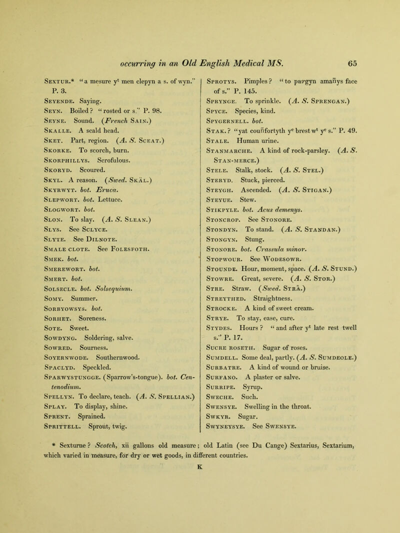 Sextur.* “a mesure yl men clepyn a s. of wyn.” P. 3. Seyende. Saying. Seyn. Boiled? “ rosted or s.” P.98. Seyne. Sound. (French Sain.) Skalle. A scald head. Sket. Part, region. (A. S. Sceat.) Skorke. To scorch, burn. Skorphillys. Scrofulous. Skoryd. Scoured. Skyl. A reason. (Sived. Skal.) Skyrwyt. hot. Eruca. Slepwort. hot. Lettuce. Slogwort. hot. Slon. To slay. (A. S. Slean.) Slys. See Sclyce. Slyte. See Dilnote. Smale clote. See Folesfoth. Smek. hot. Smerewort. hot. Smert. hot. Solsecle. hot. Solsequium. So my. Summer. SoRBYOWSYS. hot. Sorhet. Soreness. Sote. Sweet. Sowdyng. Soldering, salve. Sowred. Sourness. Soyernwode. Southernwood. Spaclyd. Speckled. Sparwystungge. (Sparrow’s-tongue). hot. Cen- tenodium. Spellyn. To declare, teach. (A. S. Spellian.) Splay. To display, shine. Sprent. Sprained. Sprittell. Sprout, twig. Sprotys. Pimples ? “ to pwrgyn amanys face of s.” P. 145. Sprynge. To sprinkle. (A. S. Sprengan.) Spyce. Species, kind. Spygernell. hot. Star.? “yat couhfortyth yebrestwt ye s.” P. 49. Stale. Human urine. Stanmarche. A kind of rock-parsley. (A. >S'. Stan-merce.) Stele. Stalk, stock. (A. S. Stel.) Steryd. Stuck, pierced. Steygh. Ascended. (A. S. Stigan.) Steyue. Stew. Stikpyle. hot. Acus demenys. Stoncrop. See Stonore. Stondyn. To stand. (A. S. Standan.) Stongyn. Stung. Stonore. hot. Crassula minor. Stopwour. See Wodesowr. Stounde. Hour, moment, space. (A. S. Stund.) Stowre. Great, severe. (A. S. Stor.) Stre. Straw. (Swed. Stra.) Streythed. Straightness. Strocke. A kind of sweet cream. Strye. To stay, ease, cure. Stydes. Hours ? “ and after y* late rest twell s.” P. 17. Sucre roseth. Sugar of roses. Sumdell. Some deal, partly. (A. S. Sumdeole.) Surbatre. A kind of wound or bruise. Surfano. A plaster or salve. Surripe. Syrup. SwECHE. Such. Swensye. Swelling in the throat. Swkyr. Sugar. Swyneysye. See Swensye. # Sexturne ? Scotch, xii gallons old measure; old Latin (see Du Cange) Sextarius, Sextarium, which varied in measure, for dry or wet goods, in different countries. K