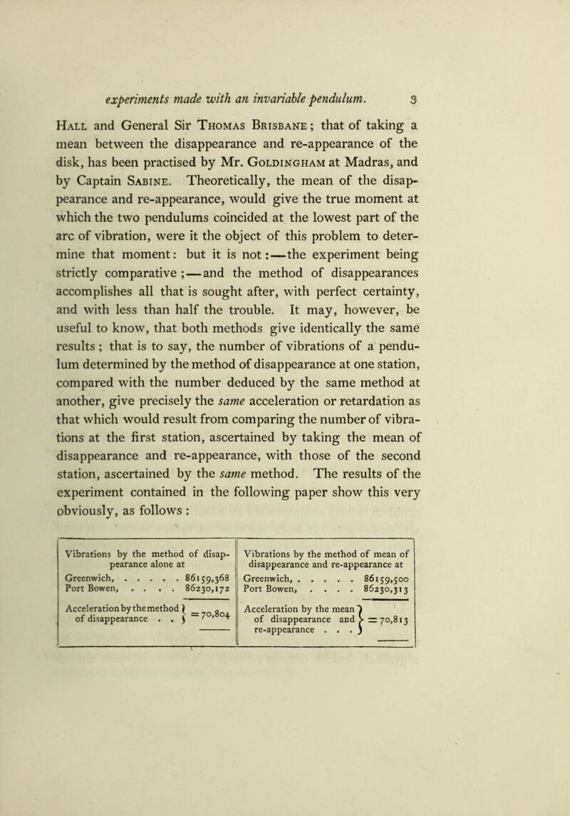 Hall and General Sir Thomas Brisbane ; that of taking a mean between the disappearance and re-appearance of the disk, has been practised by Mr. Goldingham at Madras, and by Captain Sabine. Theoretically, the mean of the disap- pearance and re-appearance, would give the true moment at which the two pendulums coincided at the lowest part of the arc of vibration, were it the object of this problem to deter- mine that moment: but it is not:—the experiment being strictly comparative ; — and the method of disappearances accomplishes all that is sought after, with perfect certainty, and with less than half the trouble. It may, however, be useful to know, that both methods give identically the same results ; that is to say, the number of vibrations of a pendu- lum determined by the method of disappearance at one station, compared with the number deduced by the same method at another, give precisely the same acceleration or retardation as that which would result from comparing the number of vibra- tions at the first station, ascertained by taking the mean of disappearance and re-appearance, with those of the second station, ascertained by the same method. The results of the experiment contained in the following paper show this very obviously, as follows : Vibrations by the method of disap- pearance alone at Greenwich, 86159,368 Port Bowen, .... 86230,172 Accelerationbythemethod | of disappearance . . } ~ ^0y Vibrations by the method of mean of disappearance and re-appearance at Greenwich, 86159,500 Port Bowen, .... 86230,313 Acceleration by the mean 'i of disappearance and >=: 70,813 re-appearance ... 3