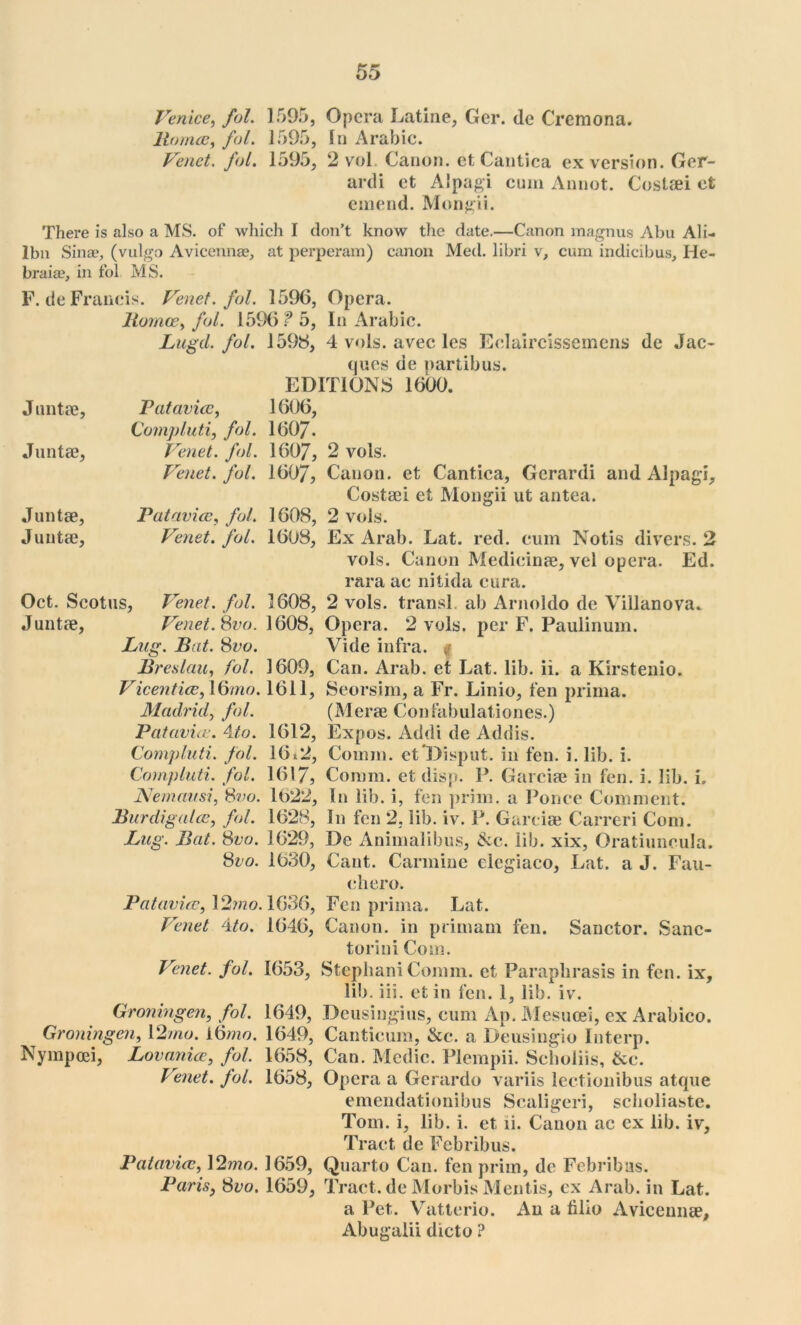 Venice, fol. 1595, Opera Latine, Ger. de Cremona. Romes, /o/. 1595, In Arabic. Venct. fol. 1595, 2 vol Canon, et Cantica ex version. Ger- ardi et Alpagi cum Annot. Costaei ct emend. Mongii. There is also a MS. of which I don’t know the date.—Canon magnus Abu Ali- lbn Sinae, (vulgo Avicennae, at perperam) canon Med. libri v, cum indicibus, He- braiae, in fol MS. F. de Francis. Venet. fol. 1596, Opera. Romeo, fol. 1596? 5, In Arabic. Lugd. fol. 1598, 4 vols. avec les Eclaircissemens de Jac- ques de partibus. EDITIONS 1600. Juntae, Patavicc, 1606, Compluti, fol. 1607. Junta?, Vend. fol. 1607, 2 vols. Venet. fol. 1607, Canon, et Cantica, Gerardi and Alpagi, Juntae, Juntae, Oct. Scotus, Juntae, Costaei et Mongii ut antea. Patavicc, fol. 1608, 2 vols. Venet. fol. 1608, Ex Arab. Lat. red. cum Notis divers. 2 vols. Canon Medicinae, vel opera. Ed. rara ac nitida cura. Vend. ful. 1608, 2 vols. transl. ab Arnoldo de Villanova. Venet. Svo. 1608, Opera. 2 vols. per F. Paulinum. Lug. Bat. 8vo. Vide infra. <f Breslau, fol. 1609, Can. Arab, et Lat. lib. ii. a Kirstenio. Vicenticc, I6mo. 1611, Seorsim, a Fr. Linio, fen prima. Madrid, fol. (Merae Confabulationes.) Patavicc. 4to. 1612, Expos. Addi de Addis. Compluti. fol. 16*2, Comm. et’Disput. in fen. i. lib. i. Compluti. fol. 1617, Comm, et disp. P. Garciae in fen. i. lib. i, Nemausi, Kvo. 1022, In lib. i, fen prim, a Ponce Comment. Burdigalcc, fol. 1628, In fen 2. lib. iv. P. Garciae Carreri Com. Lug. Bat. 8vo. 1629, De Animalibus, &c. lib. xix, Oratiuncula. 8io. 1030, Cant. Carmine elegiaco, Lat. a J. Fau- cliero. Patavicc, 12mo. 1636, Fen prima. Lat. Vend 4to. 1646, Canon, in primam fen. Sanctor. Sanc- torini Coin. Venet. fol. 1653, Stephani Comm, et Paraphrasis in fen. ix, lib. iii. et in fen. 1, lib. iv. Groningen, fol. 1649, Dcusingius, cum Ap. Mesucei, ex Arabico. Groningen, 12mo. L6mo. 1649, Canticum, &c. a Deusingio Interp. Nympcei, Lovanice, fol. 1658, Can. Medic. Plempii. Scholiis, &c. Venet. fol. 1658, Opera a Gerardo variis lectionibus atque emendationibus Scaligeri, scholiaste. Tom. i, lib. i. et ii. Canon ac ex lib. iv, Tract de Febribus. Patavicc, 12mo. 1659, Quarto Can. fen prim, de Febribus. Paris, 8i>o. 1659, Tract, de Morbis Mentis, ex Arab, in Lat. a Pet. Vatterio. An a tilio Avicennae, Abugalii dicto ?