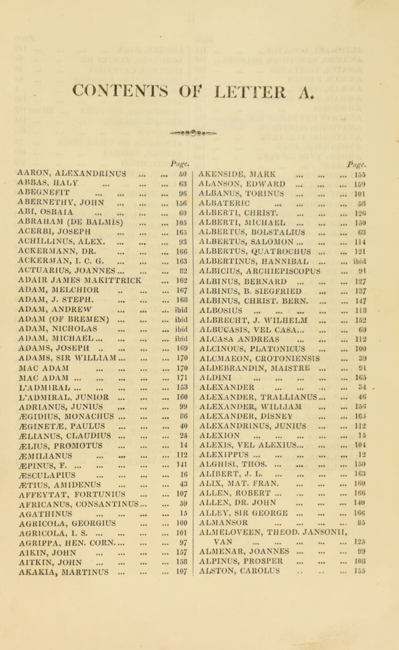 CONTENTS OF LETTER A. Page. Page. AARON, ALEXANDRINU3 • •• • •• 50 AKENSIDE, MARK • • • • •• 155 ABBAS, HAL Y 03 ALANSON, EDWARD ... • •• 159 ABEGNEFIT • • • 96 ALBANUS, TOR1NUS ... • • • 101 ABERNETHY, JOHN ... 156 ALBATERIC ... • • • • •• 58 ABr, OSBAIA • • • 60 ALBERTI, CHRIST. • •• 126 ABRAHAM (DE BALM IS) 105 ALBERTI, MICHAEL ... • • • • • • 150 ACERBI, JOSEPH 165 ALBERTUS, BOLSTALIUS • •• 63 ACHILLINUS, ALEX. ... 93 ALBERTUS, SALOMON ... • •• 114 ACKERMANN, DR. • •• 166 ALBERTUS, QUATROCHUS • • « • •• 121 ACKERMAN, I. C. G. 163 ALBERTINUS, HANNIBAL • •• • •• ibid ACTUARIUS, JOANNES... • •• 82 ALBICIUS, ARC1I1EP1SCOPUS 91 .ADAIR JAMES MAKITTRICK • • • 162 ALB1NUS, BERNARD ... • •• 127 ADAM, MELCHIOR 167 ALBINUS, B. SIEGFRIED ••4 137 ADAM, J. STEPH. ... 168 ALBINUS, CHRIST. BERN. • •• • 147 ADAM, ANDREW • it ibid ALBOS1US • •• • mm 113 ADAIM (OF BREMEN) ... • •• ibid ALBRECHT, J. WILHELM • •• 152 ADAM, NICHOLAS ibid ALBUCASIS, VEL CASA... • •• • •• 60 ADAM, MICHAEL ibid ALCASA ANDREAS • •• 112 ADAMS, JOSEPH 169 ALCINOUS, PLATON1CUS • • • • mm 100 ADAMS, SIR WILLIAM... 170 ALCMAEON, CROTONIENS1S 39 MAC ADAM • •• 170 ALDEBRAND1N, MAISTRE • •• • mm 91 MAC ADAM • •• ... 171 ALD1NI • • • • mm 165 L’ADMIRAL 153 ALEXANDER • 4m 34 L’ADMIRAL, JUNIOR ... • mm 160 A LEX A NDER, T R A LLI AN US 46 ADRIANUS, JUNIUS • • • 99 ALEXANDER, WILLIAM • •• • •m 156 jEGIDIIJS, MONACHUS ... • •• 86 ALEXANDER, DISNEY • mm 163 7EGINET./E, PAULUS ... 40 A LEX A N DR 1N US, JUNIUS m m • • *• 112 7E LI ANUS, CLAUDIUS ... • • • 25 ALEXION m m m 15 7ELIUS, PROMOTUS 14 ALEXIS, VEL ALEXIUS... • mm 44m 101 7EMILIANUS 112 ALEXIPPUS • mm 12 7EP1NUS, F 141 ALGHISI, THOS • •• • mm 150 AESCULAPIUS ... • • • 16 ALIBERT, J. L. ... • •• • mm 163 7ETIUS, AM 1DENUS 43 ALIX, MAT. FRAN. • mm 160 AFFEYTAT, FOItTUNlUS • •• 107 ALLEN, ROBERT • <• 166 AFRICANUS, CONSANTINUS... . . « 59 ALLEN, DR. JOHN • •• 140 AGATIIINUS • •• 15 ALLEY, SIR GEORGE ... • •• 166 AGRICOLA, GEORGIUS • • • • • • 100 ALMANSOR • •• 85 AGRICOLA, 1. S 101 AL.M ELOVEEN, THEOD. JANSONII, AGRIPPA, IIEN. CORN. ... 97 VAN ••• • mm 125 A1KIN, JOHN 157 ALMENAR, JOANNES ... • •• • m. 99 AITKIN, JOHN • •• • •• 158 ALPINUS, PROSPER ... • mm 108 • • • ...